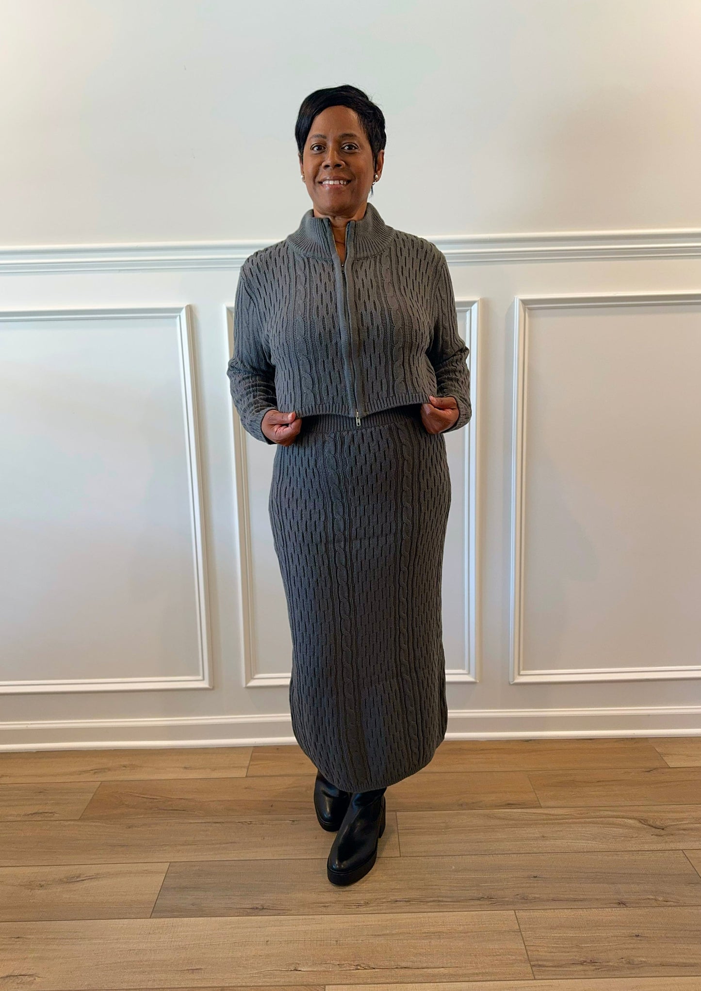 Zip Up Sweater Top and Maxi Skirt Set