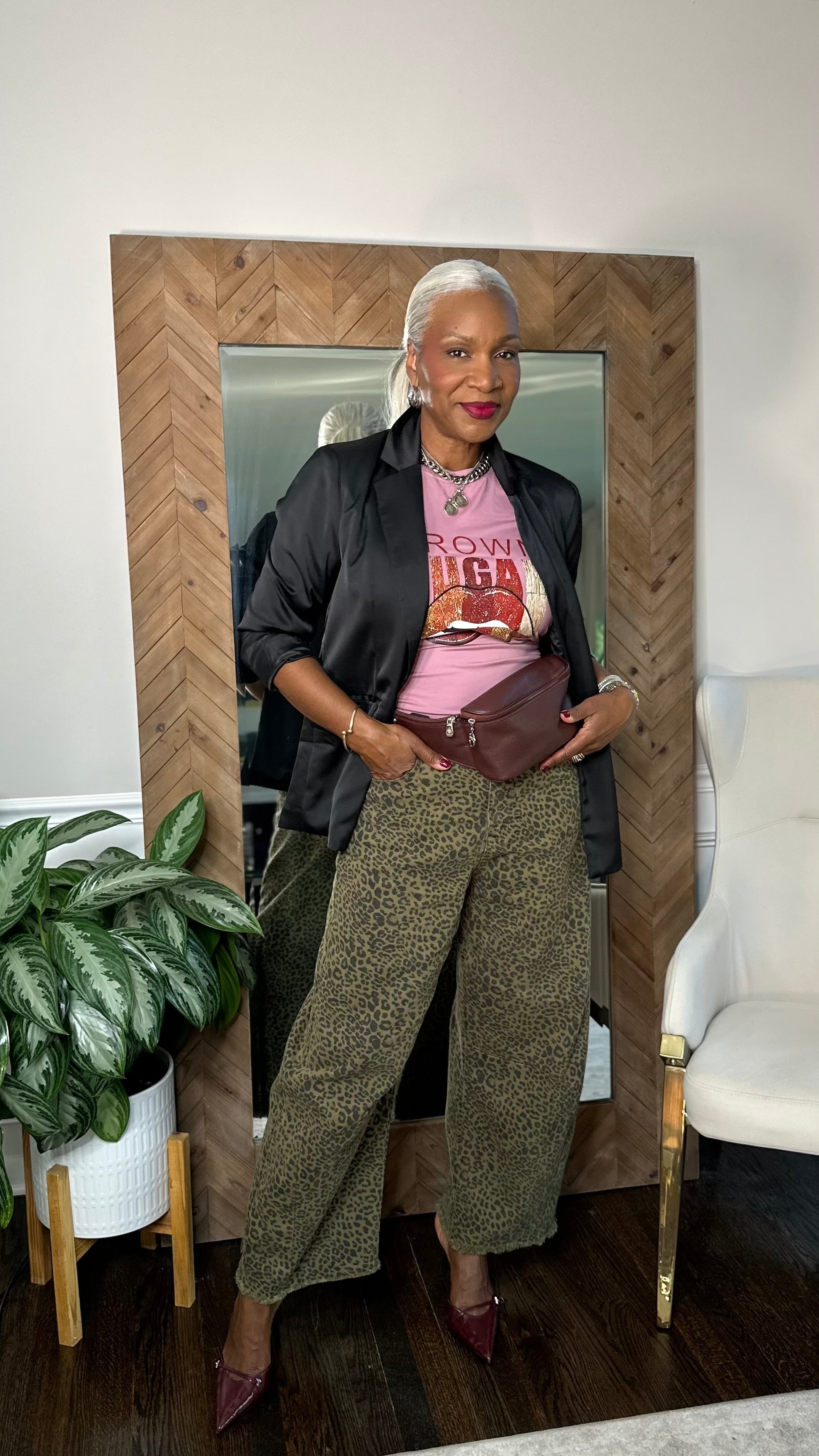 Satin Blazer & Cheetah Barrel Jeans