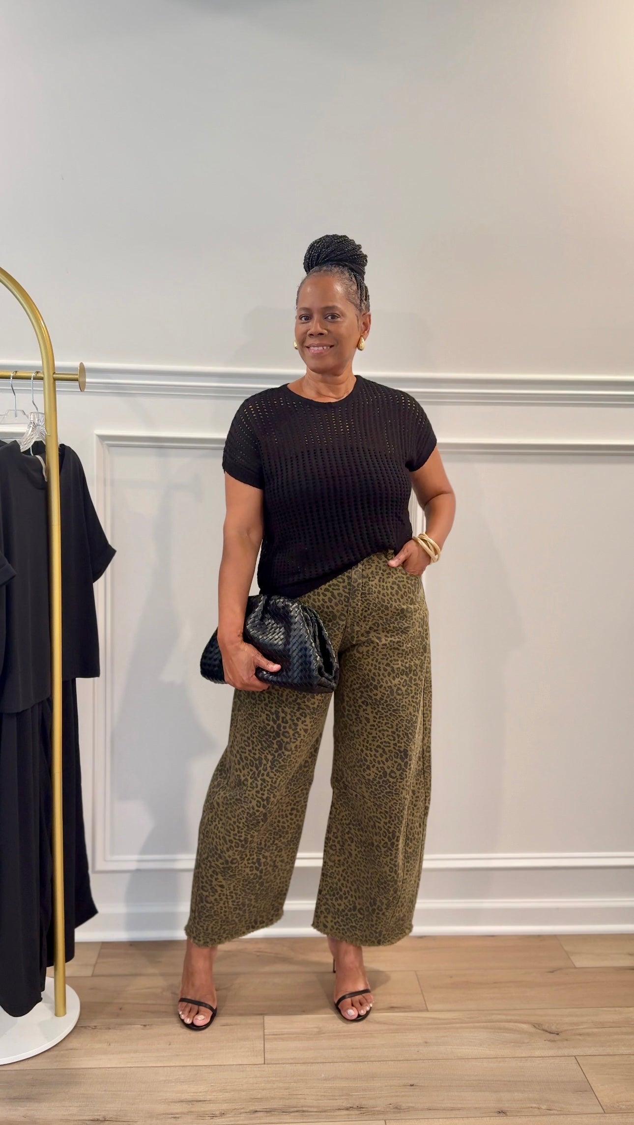 Crochet Knit Sheer Hollow Sweater & Cheetah Barrel Jeans