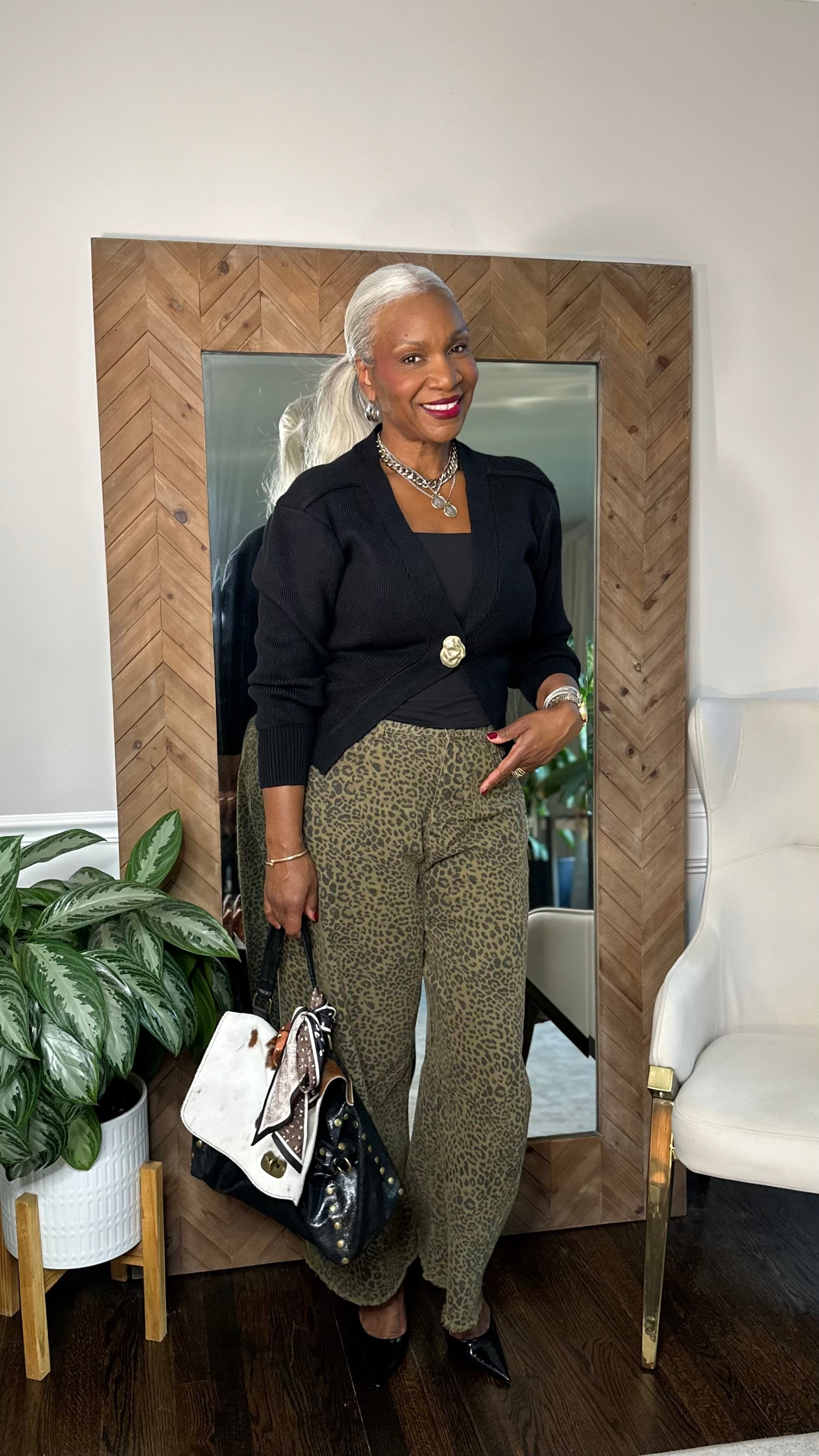 The Luxe Button Cardigan & Cheetah Barrel Jean