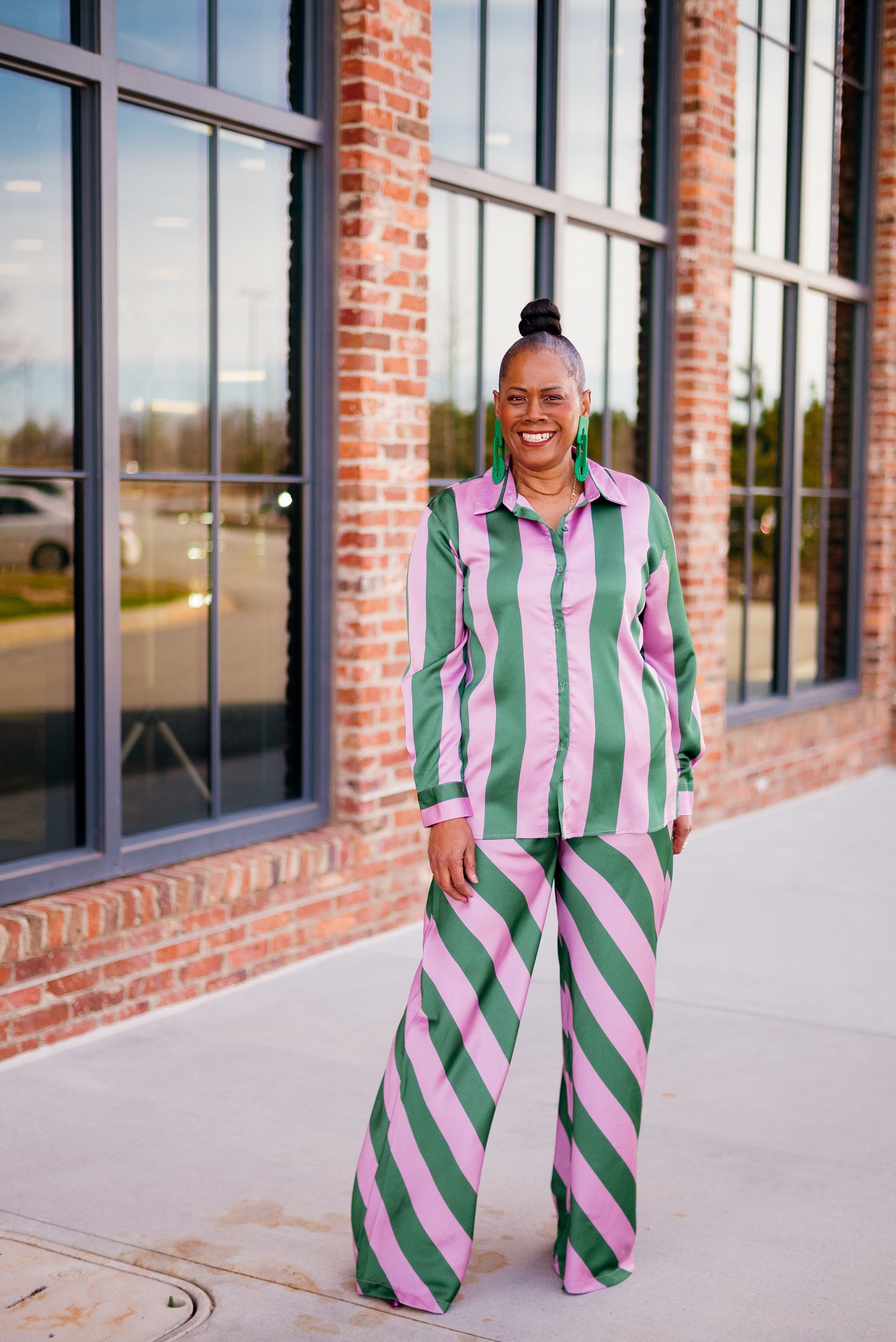 Satin Striped Button Down Shirt with Matching Pants Set