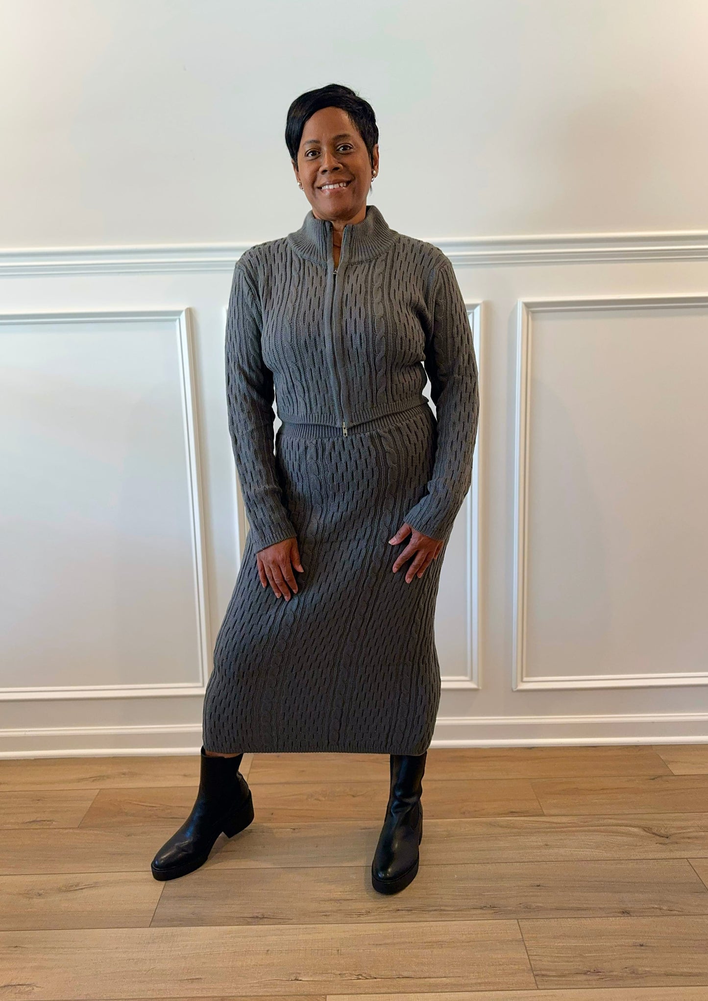 Zip Up Sweater Top and Maxi Skirt Set