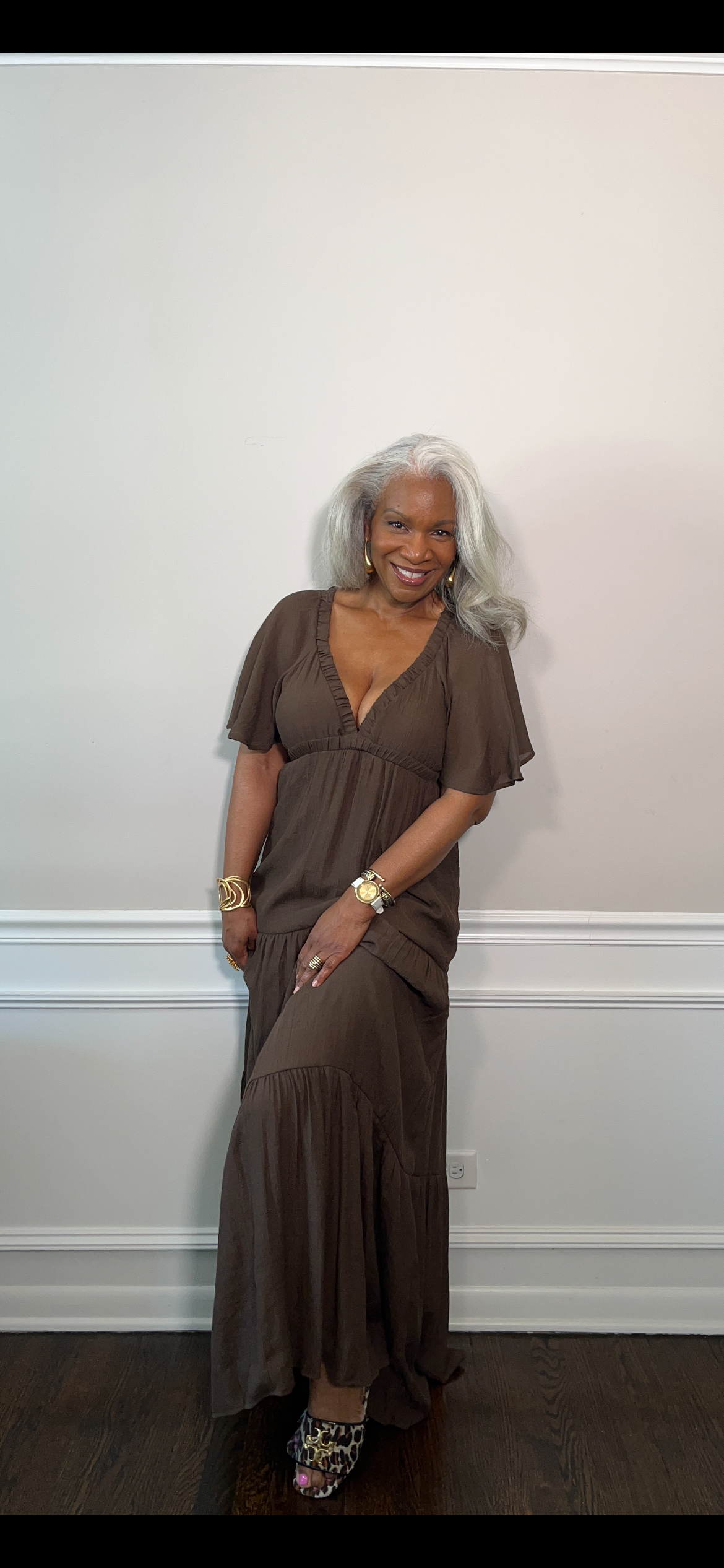 V-Neck Flowy Sleeves Tiered Maxi Dress: MOCHA