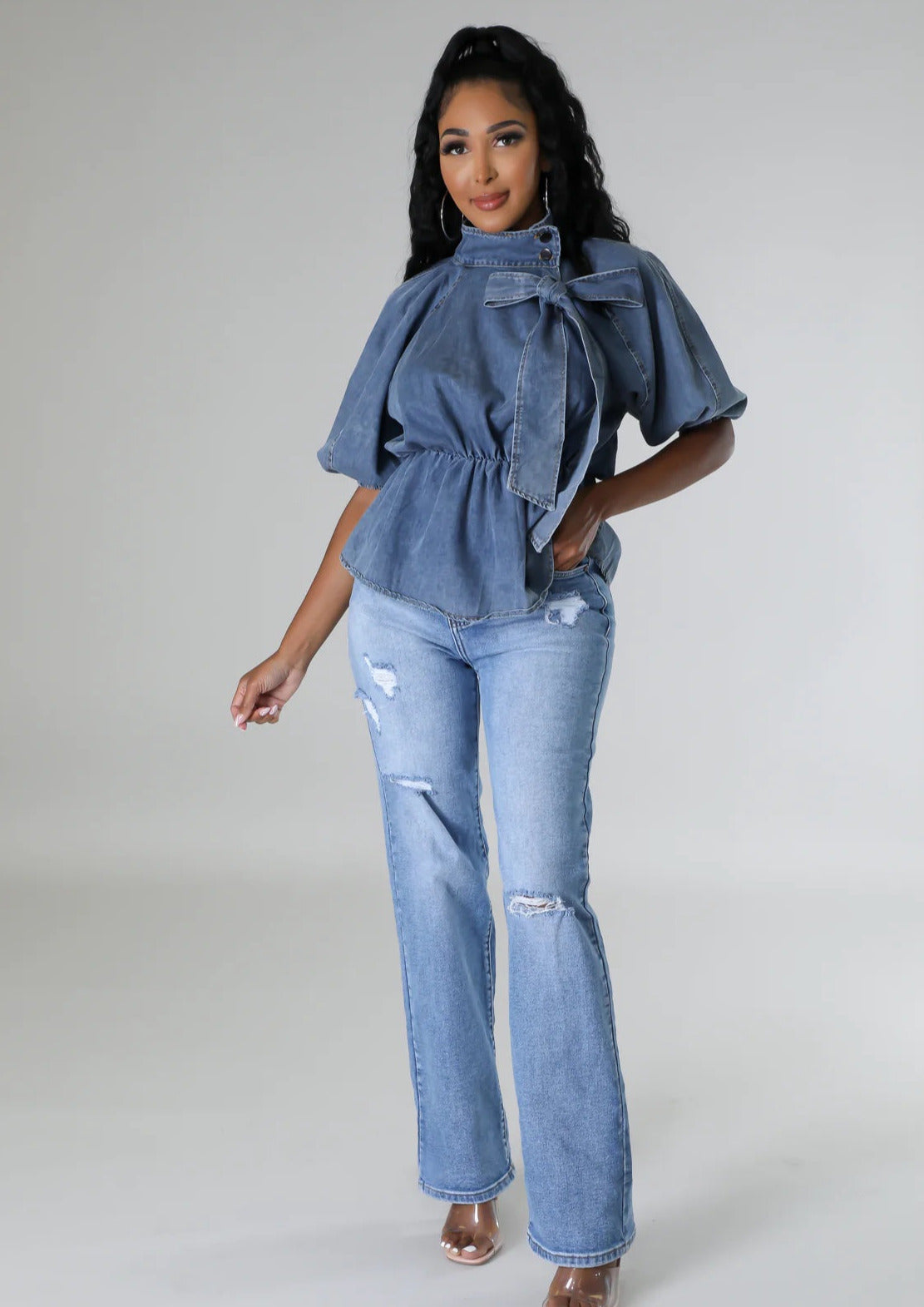 Mock Neck Tied Denim Blouse Shirts