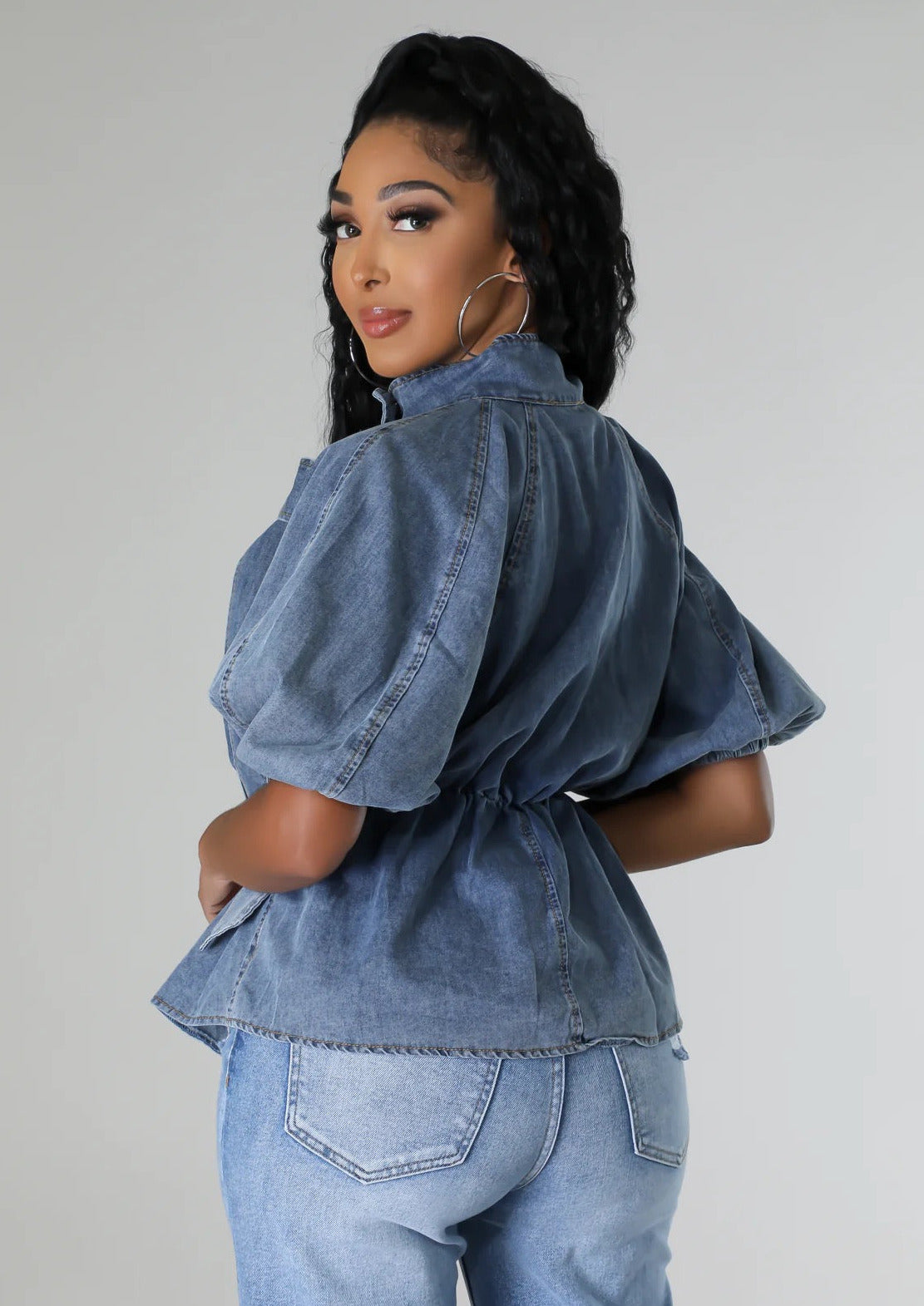 Mock Neck Tied Denim Blouse Shirts