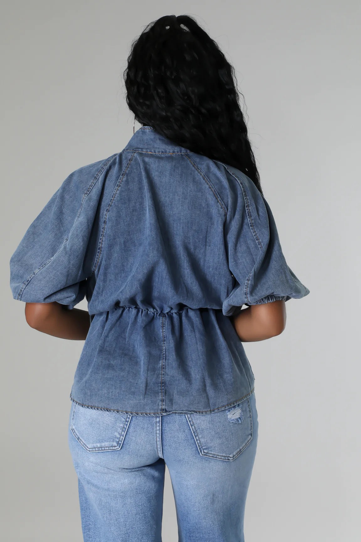 Mock Neck Tied Denim Blouse Shirts