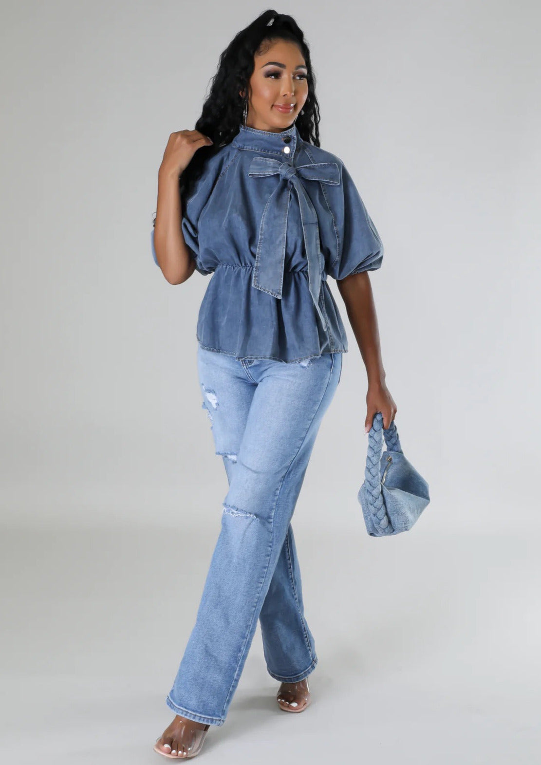Mock Neck Tied Denim Blouse Shirts