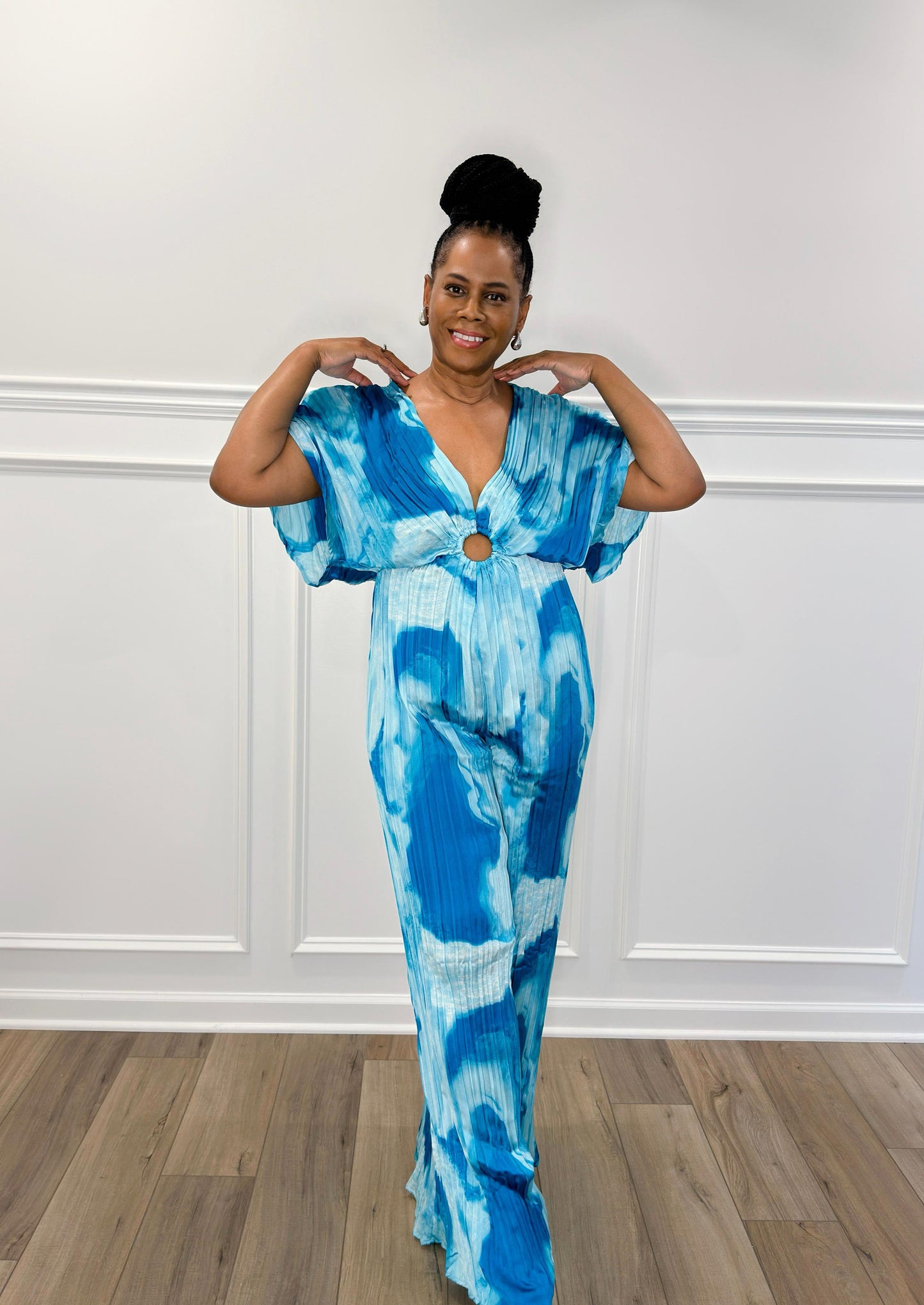 Plus Size V-Neck Drop Shoulder W O-ring Attached Pleated Jumpsuit