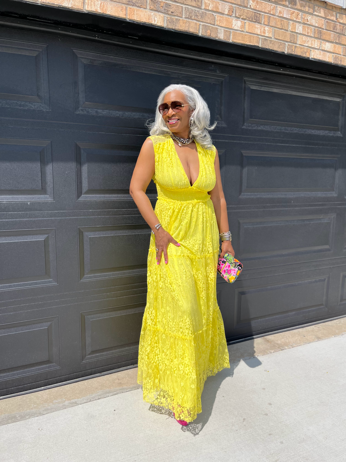 Yellow Lace Smocking Waist Ruffled Maxi Dress
