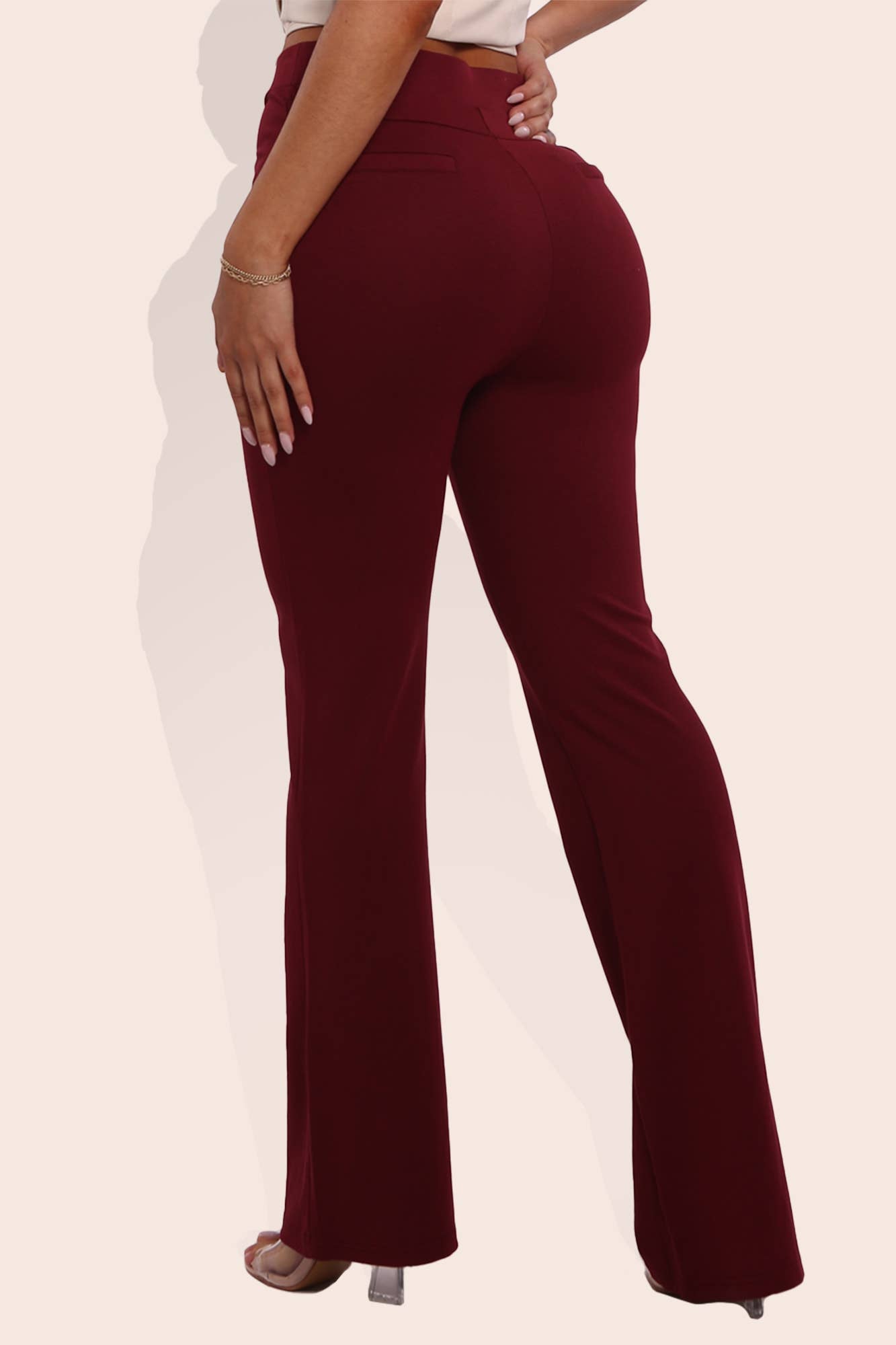 Womens High Waist Front Seam Ponte Flare Pants: Burgundy