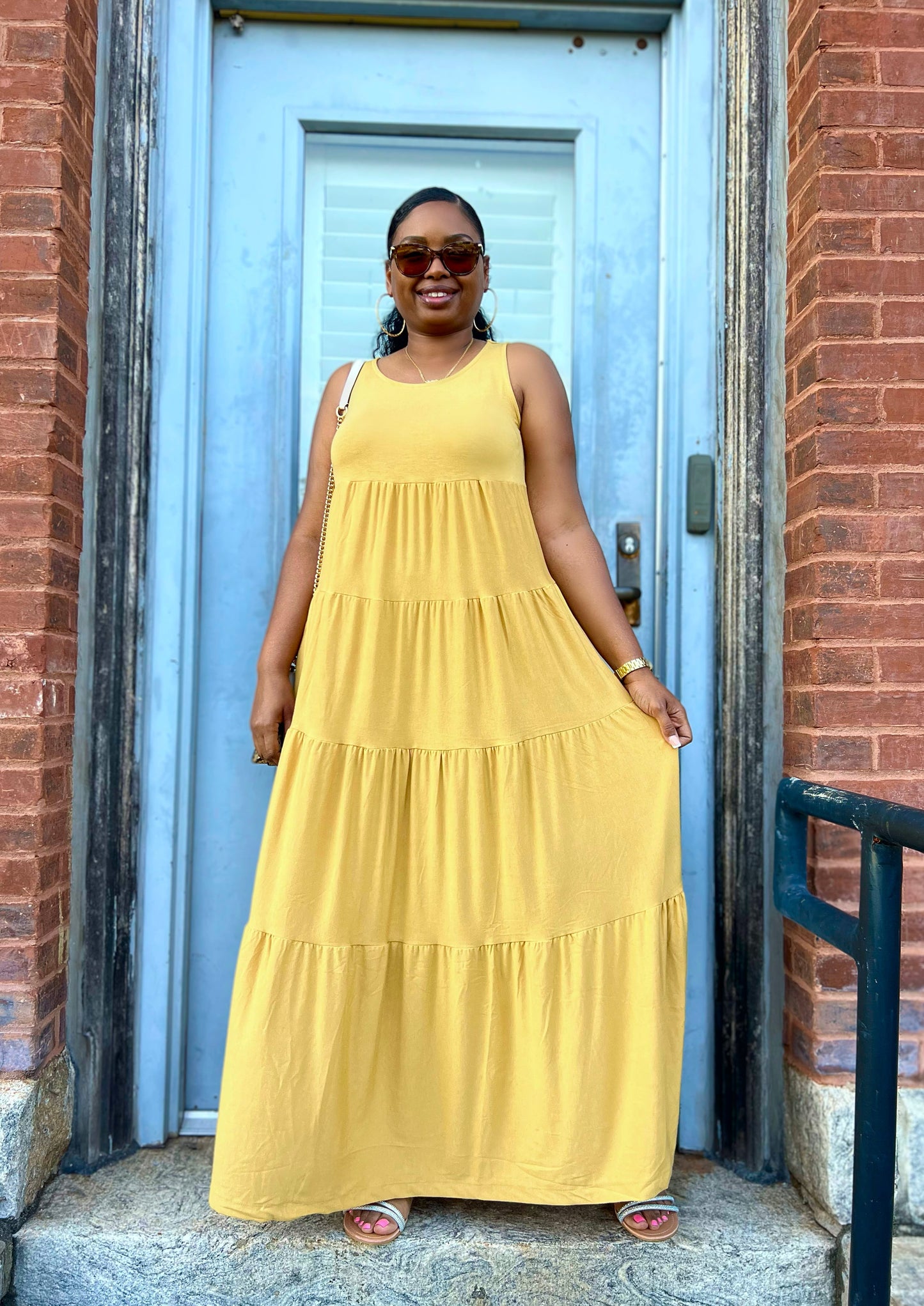 Lt Mustard Sleeveless Tiered Maxi Dress