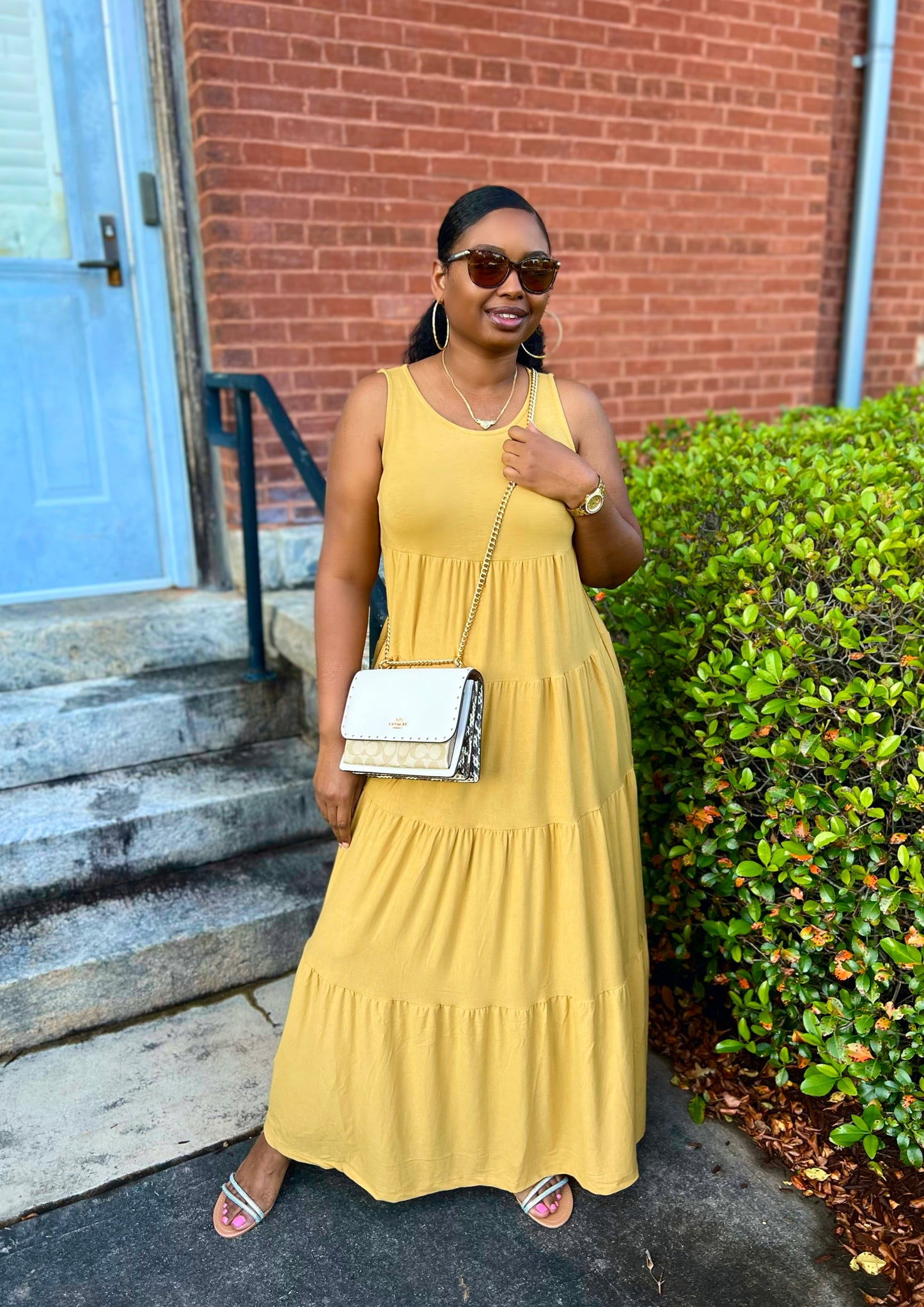 Lt Mustard Sleeveless Tiered Maxi Dress