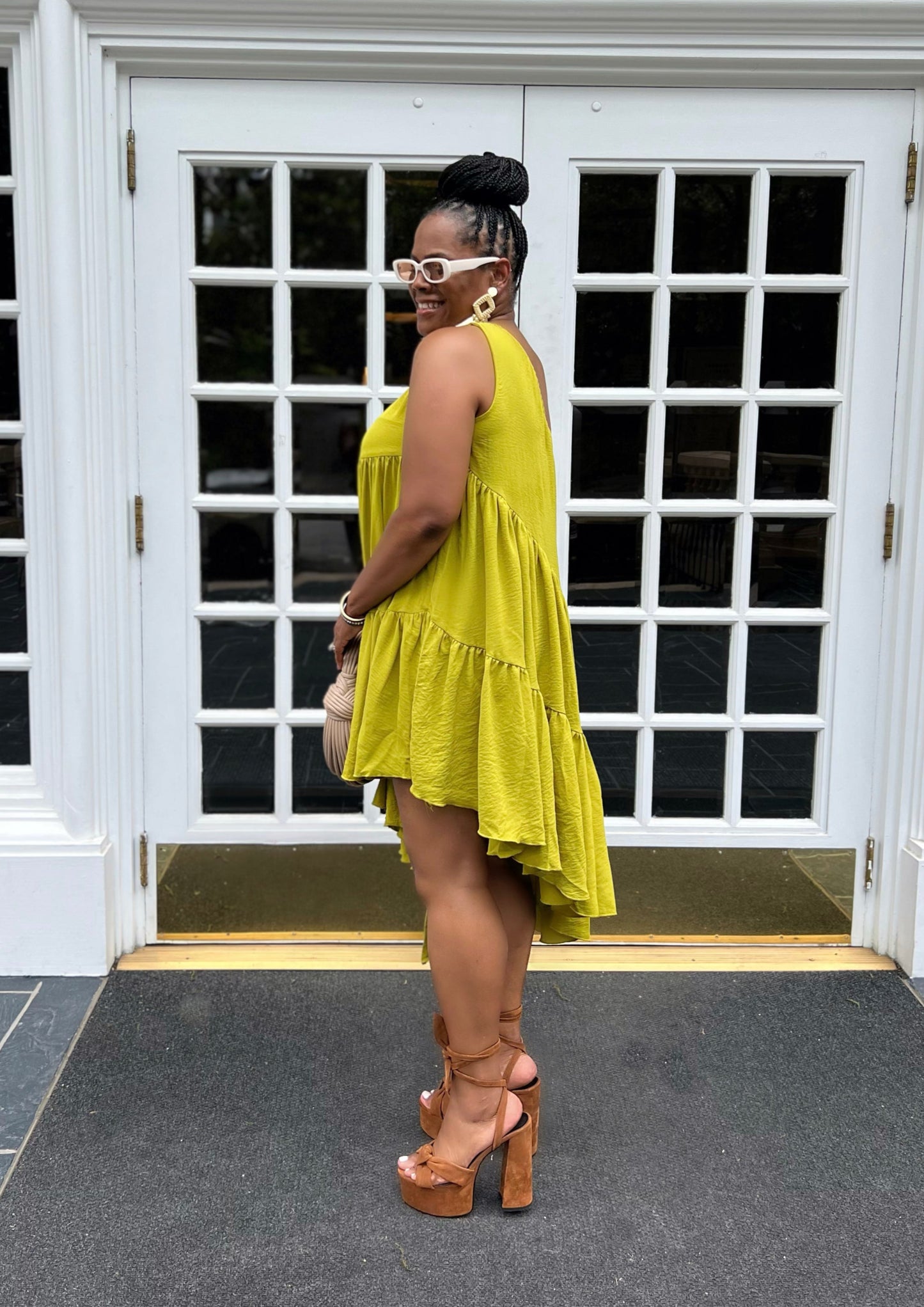 One Shoulder Shirred Tier Midi Dress