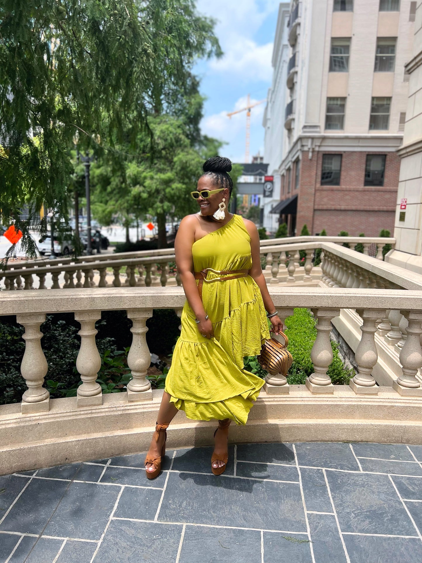 One Shoulder Shirred Tier Midi Dress