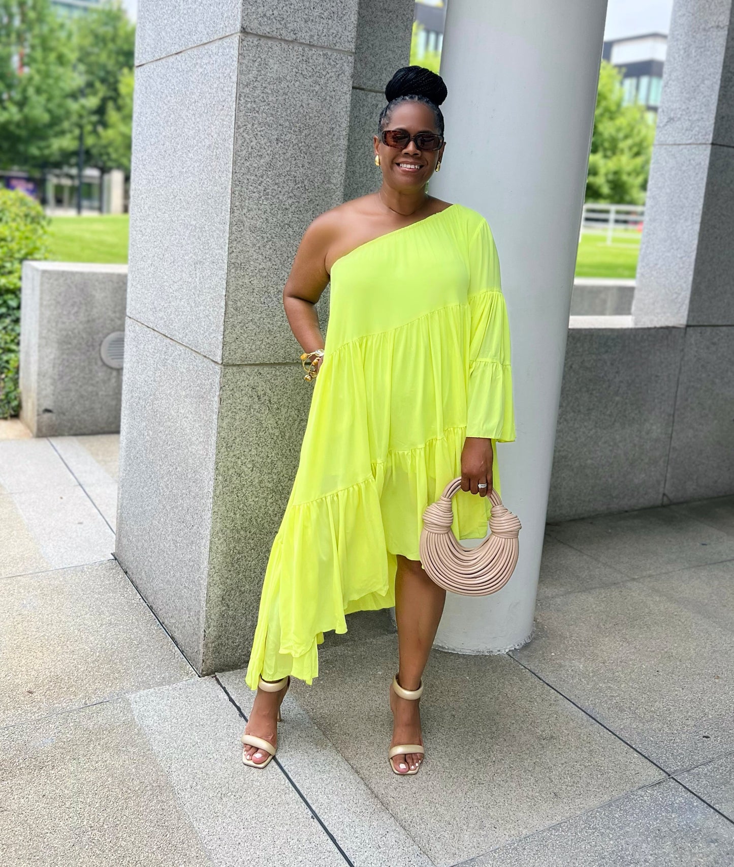 Voluminous One Shoulder Shirred Dress