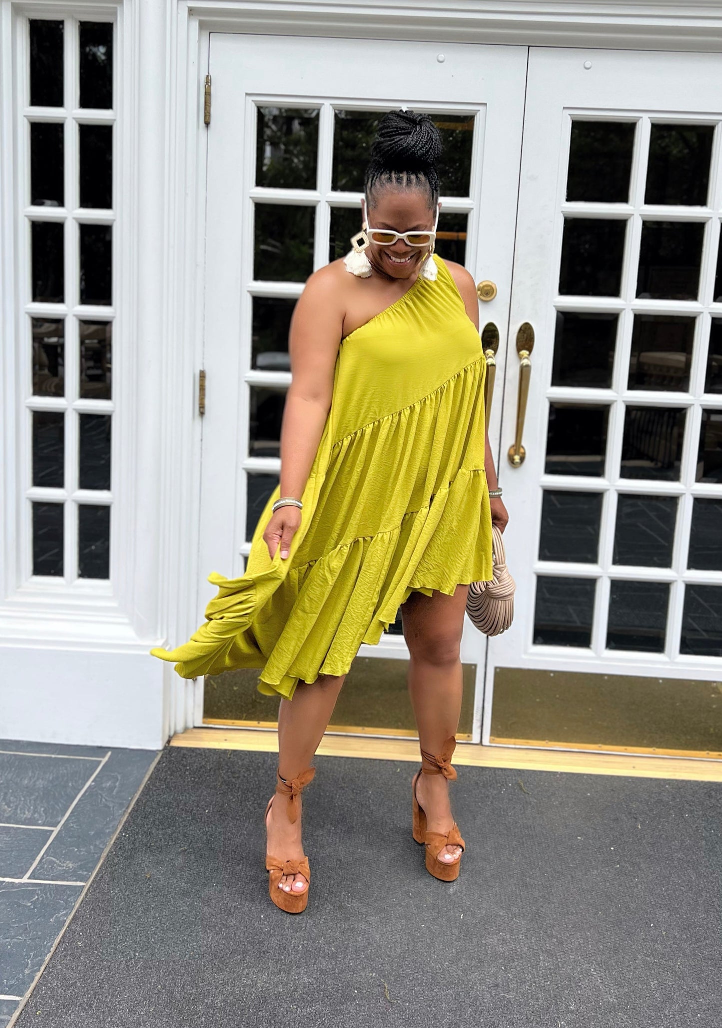 One Shoulder Shirred Tier Midi Dress