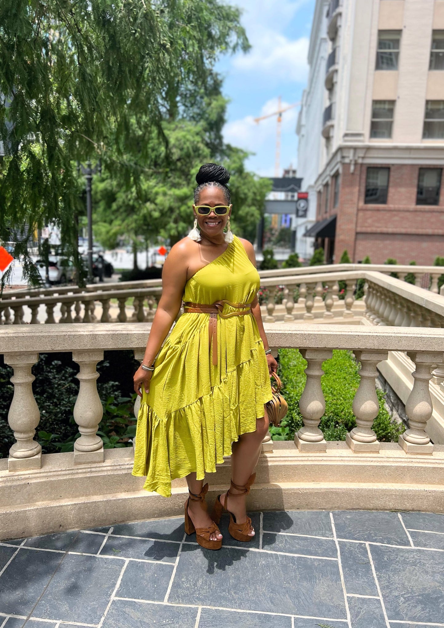 One Shoulder Shirred Tier Midi Dress