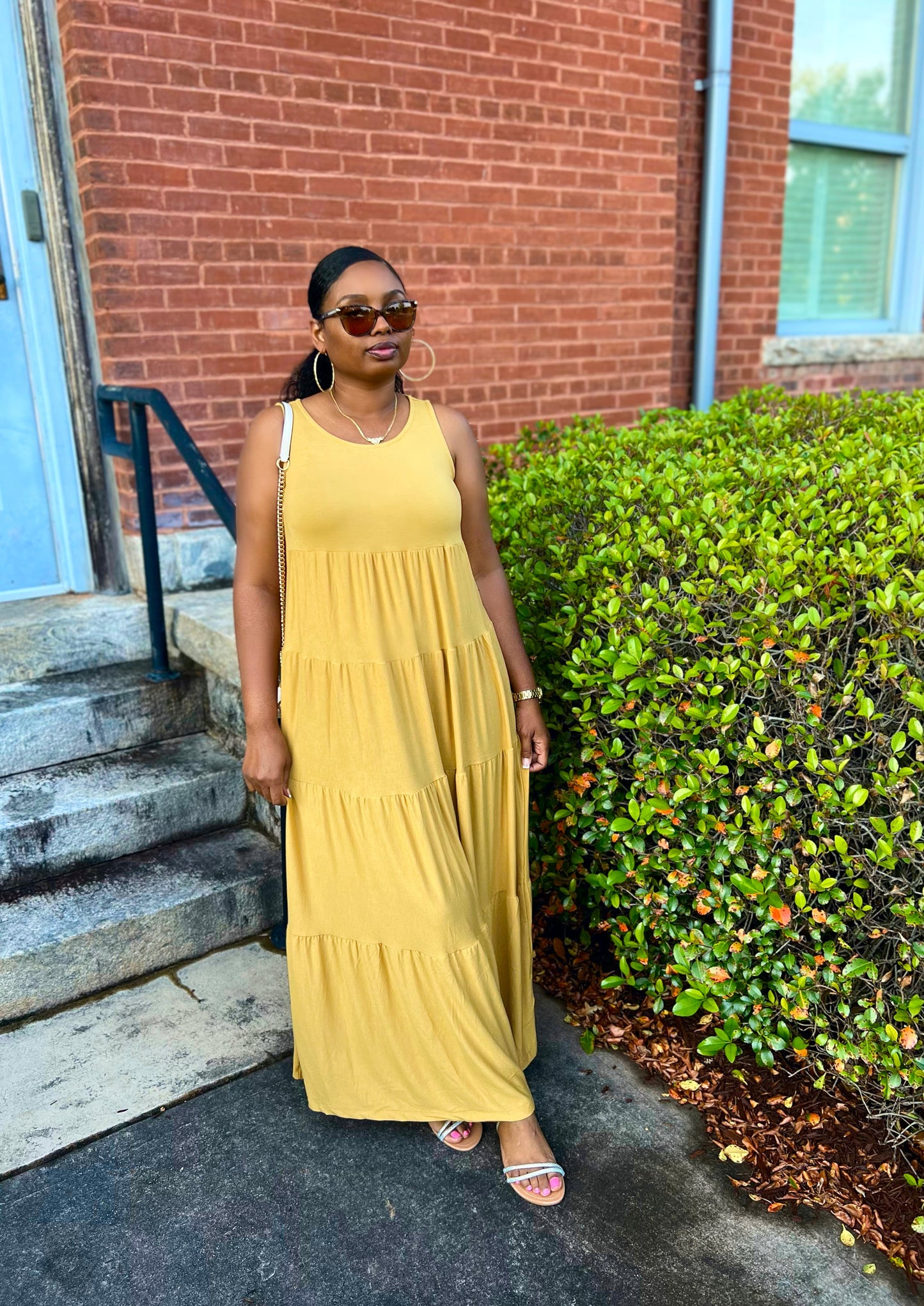 Lt Mustard Sleeveless Tiered Maxi Dress