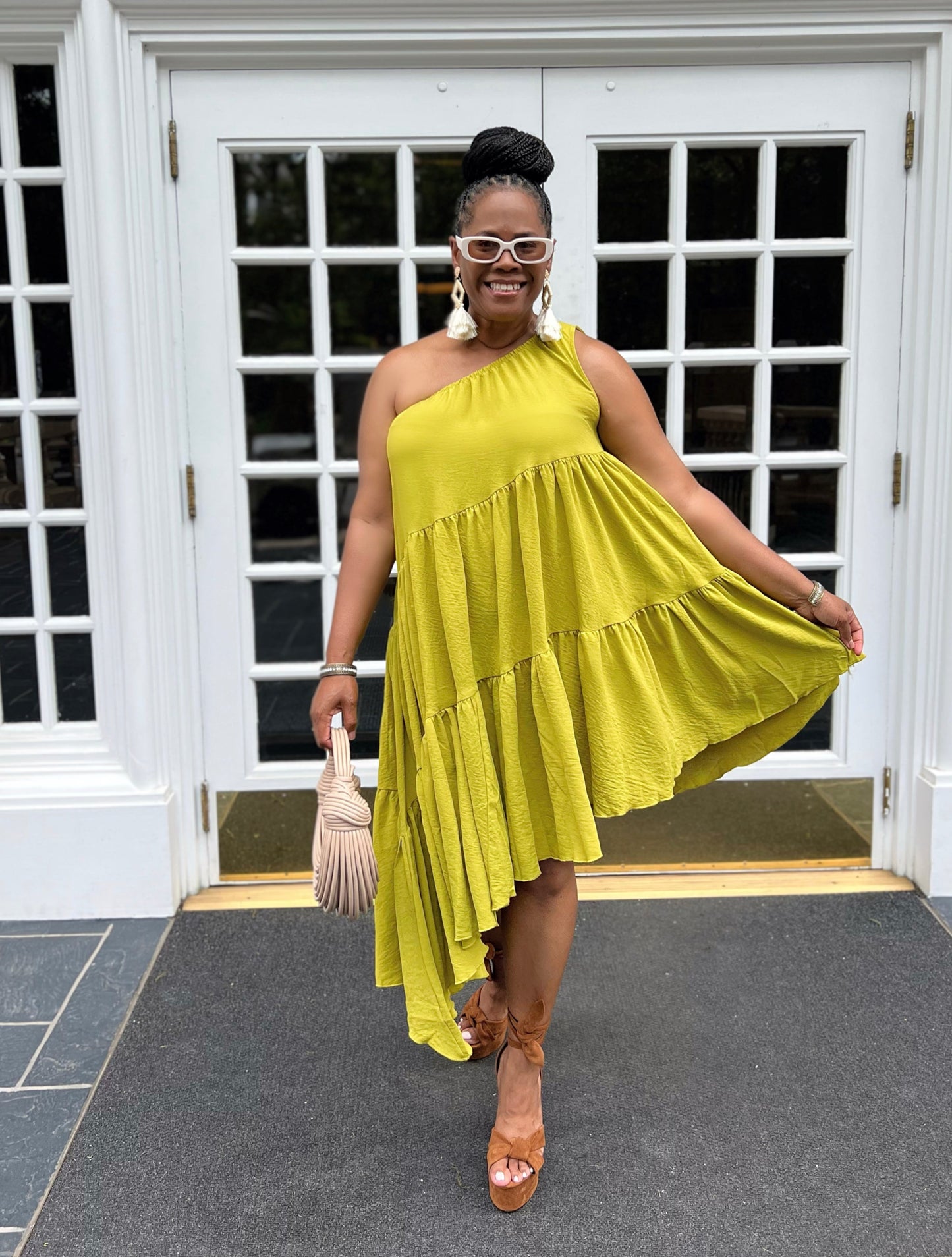One Shoulder Shirred Tier Midi Dress