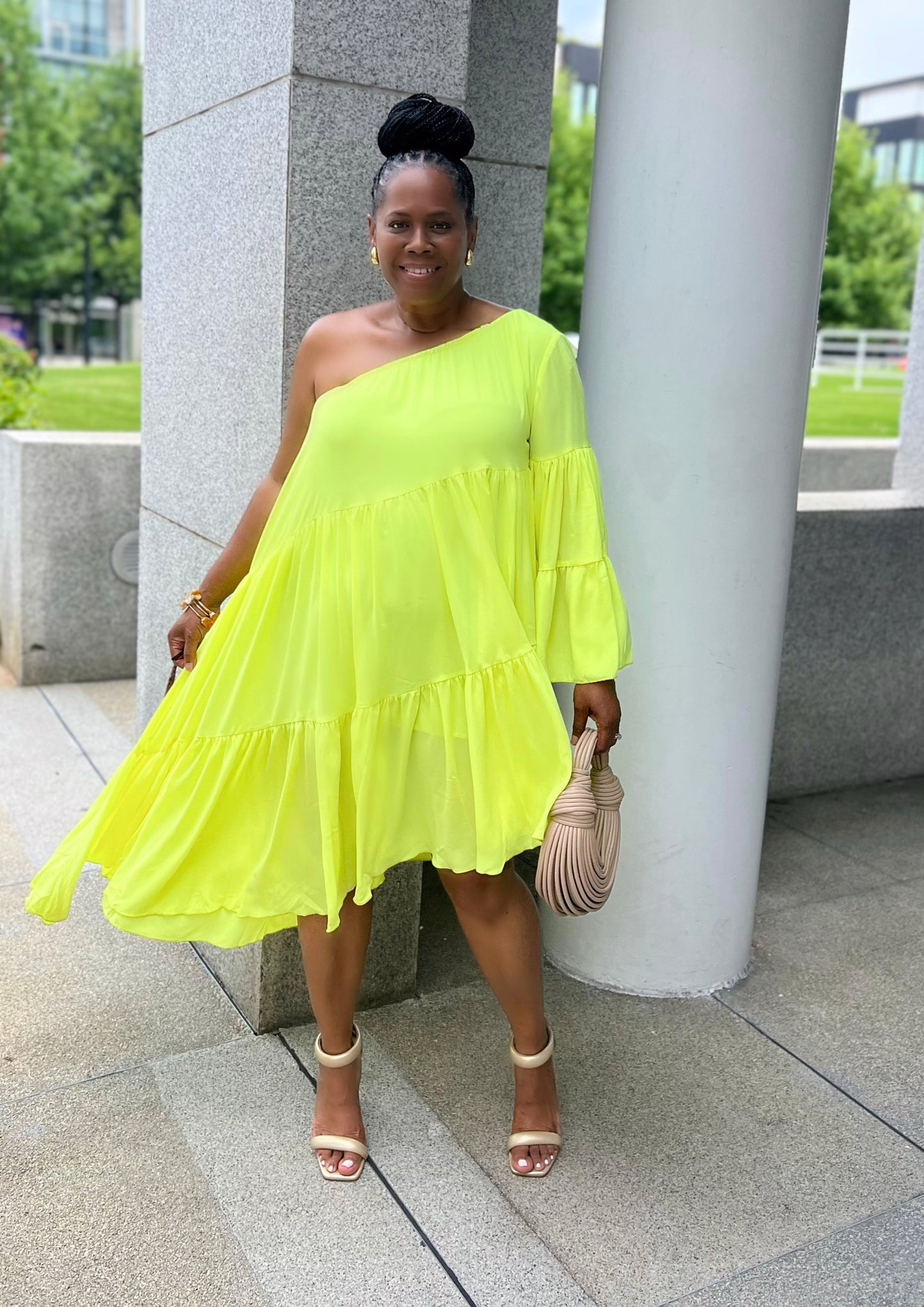 Voluminous One Shoulder Shirred Dress
