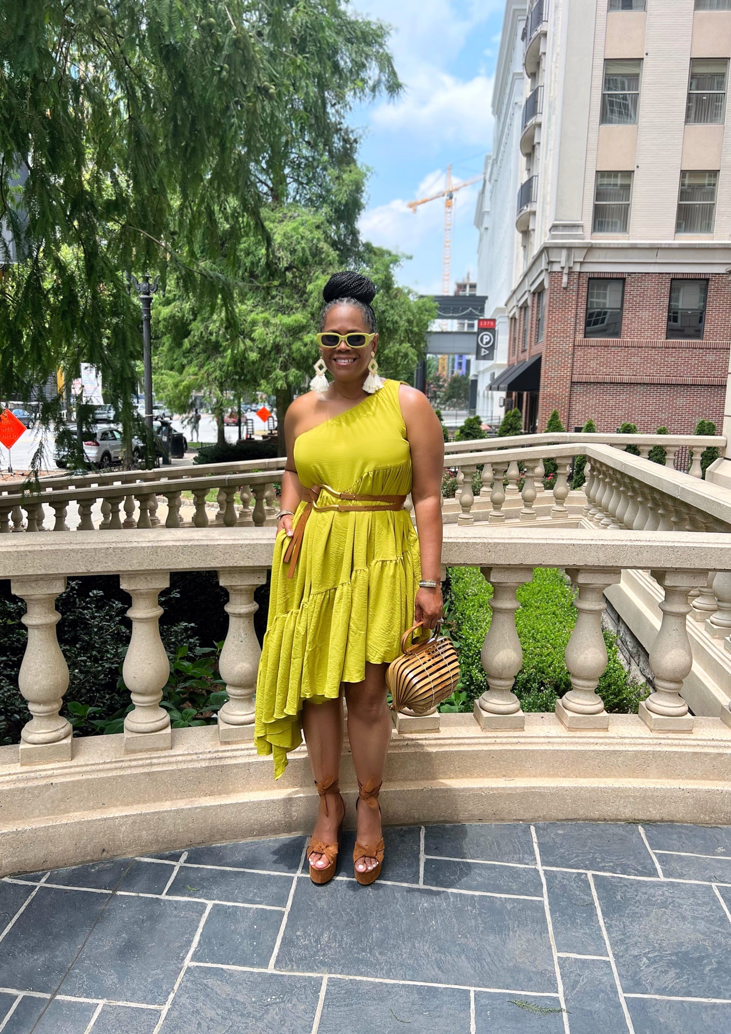 One Shoulder Shirred Tier Midi Dress
