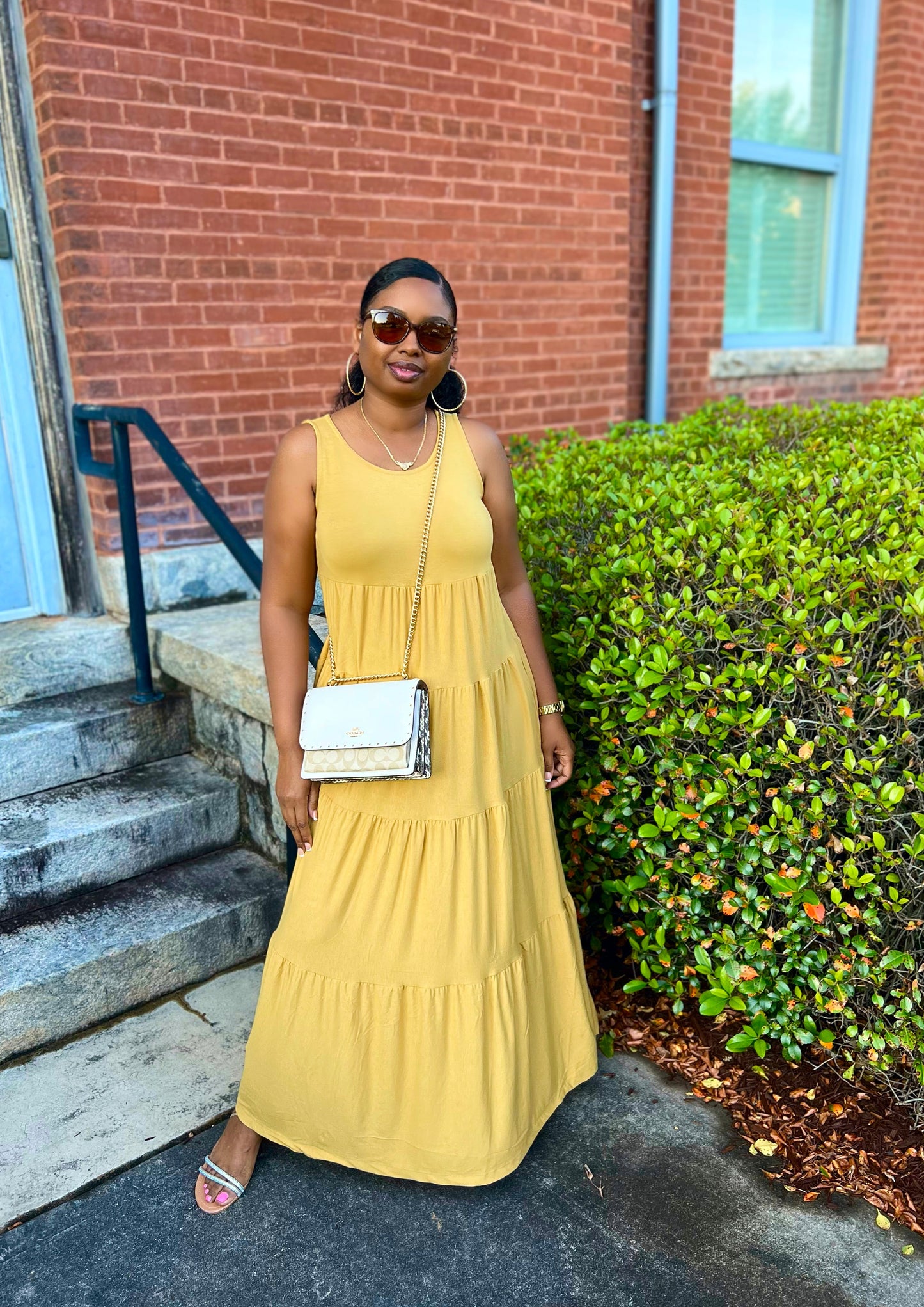 Lt Mustard Sleeveless Tiered Maxi Dress