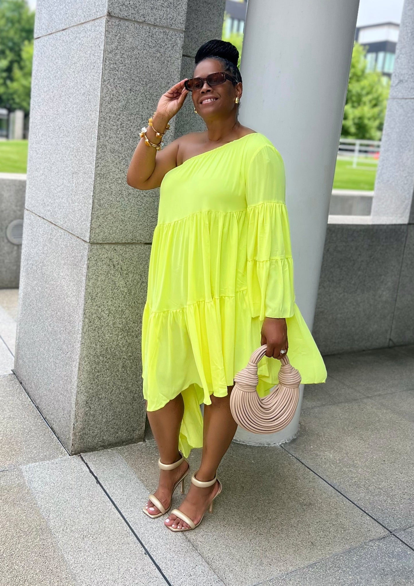 Voluminous One Shoulder Shirred Dress