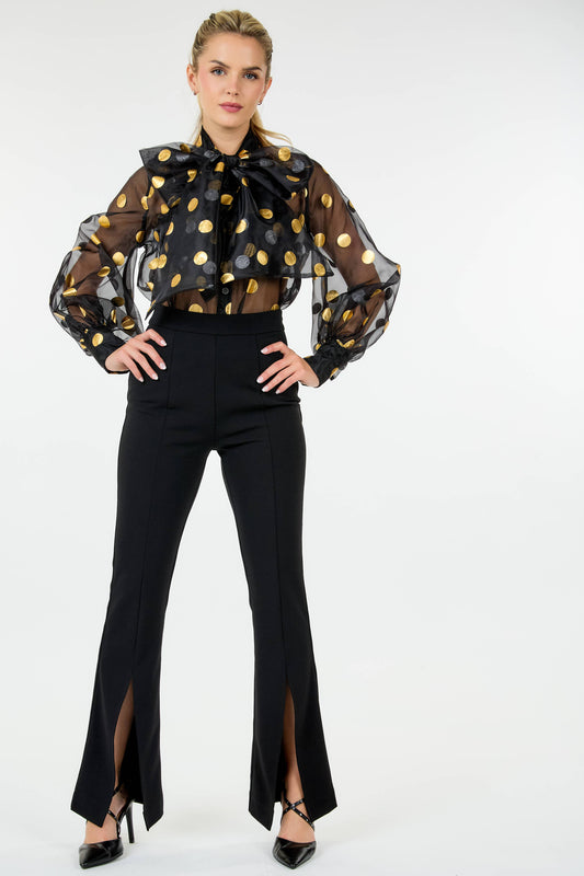 Golden Glimmer Polka Dot Sheer Blouse with Bow Tie