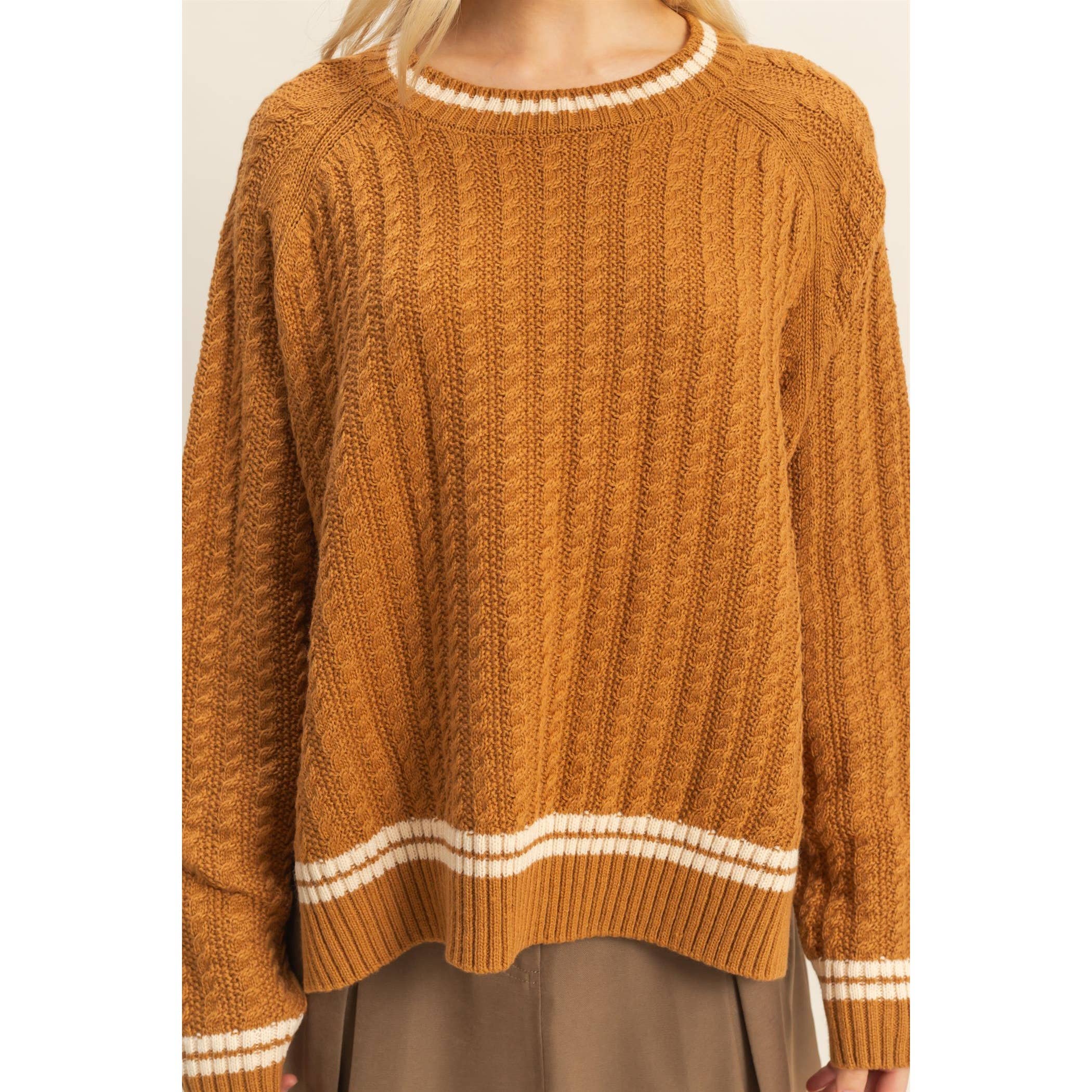 Textured Knit Sweater With Contrast Trim Detail: CAMEL