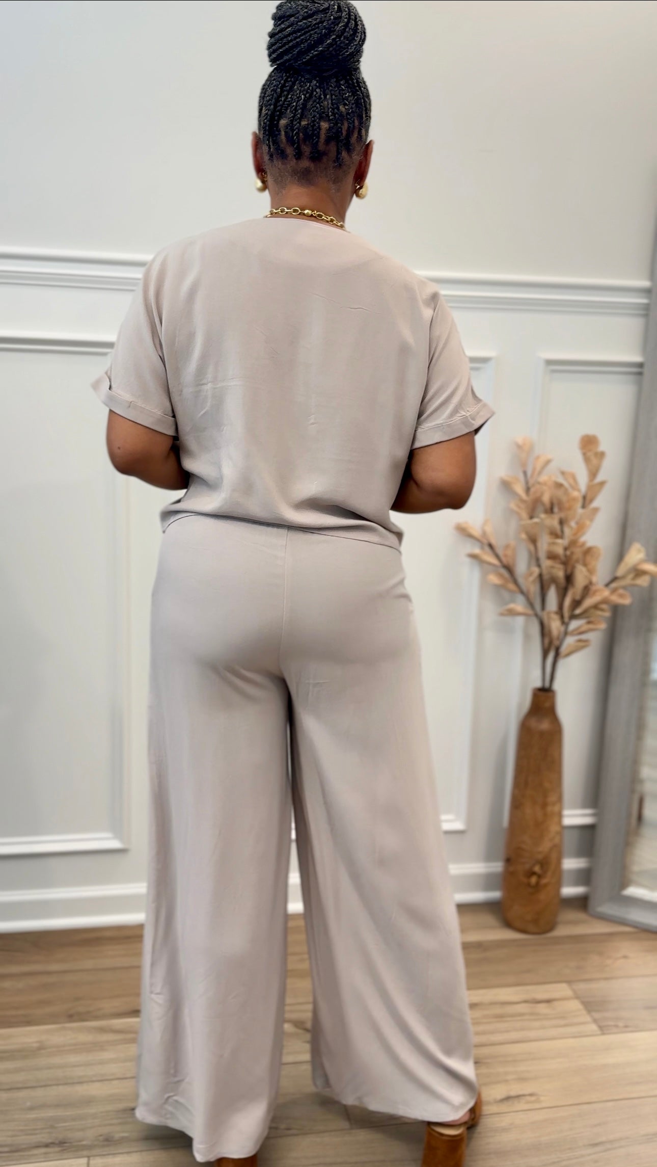 Woven Short Sleeve Long Pants Set: ASH MOCHA