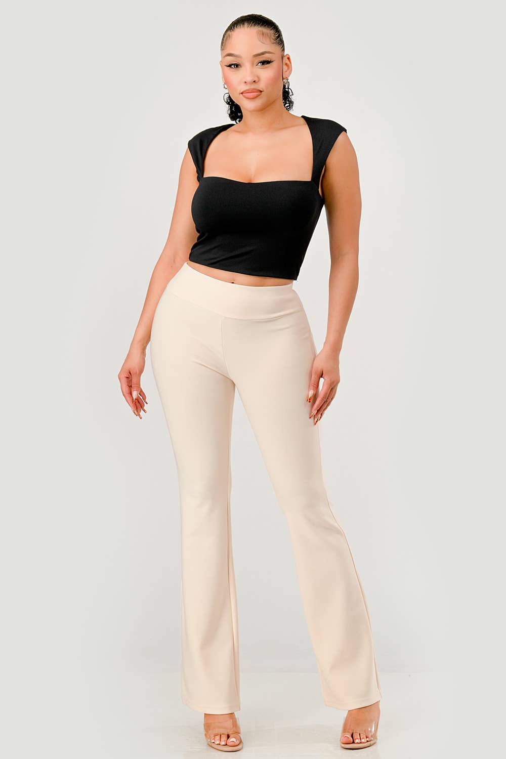 Womens High Waist Tummy Control Flare Pants: Pearled Ivory