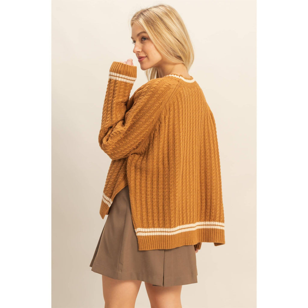 Textured Knit Sweater With Contrast Trim Detail: CAMEL