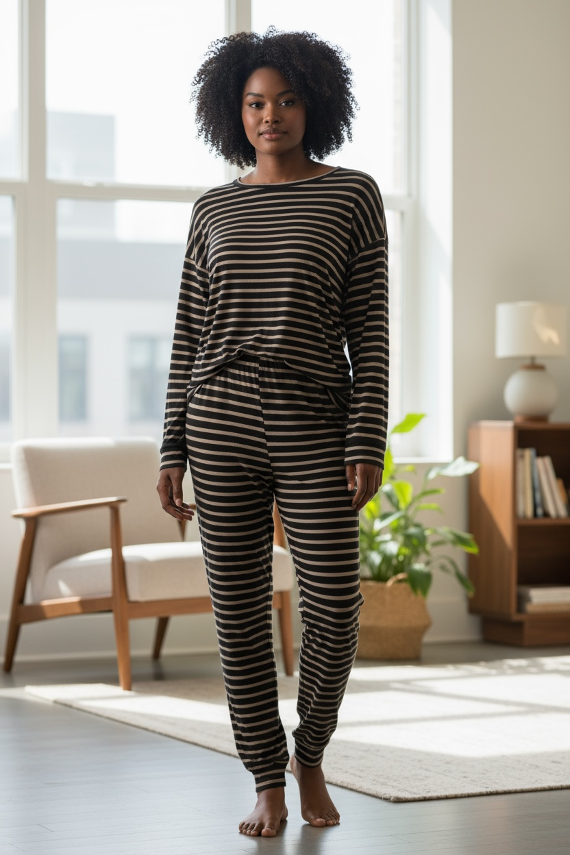 French Terry Animal Mix Lounge Set - Striped Print: Black