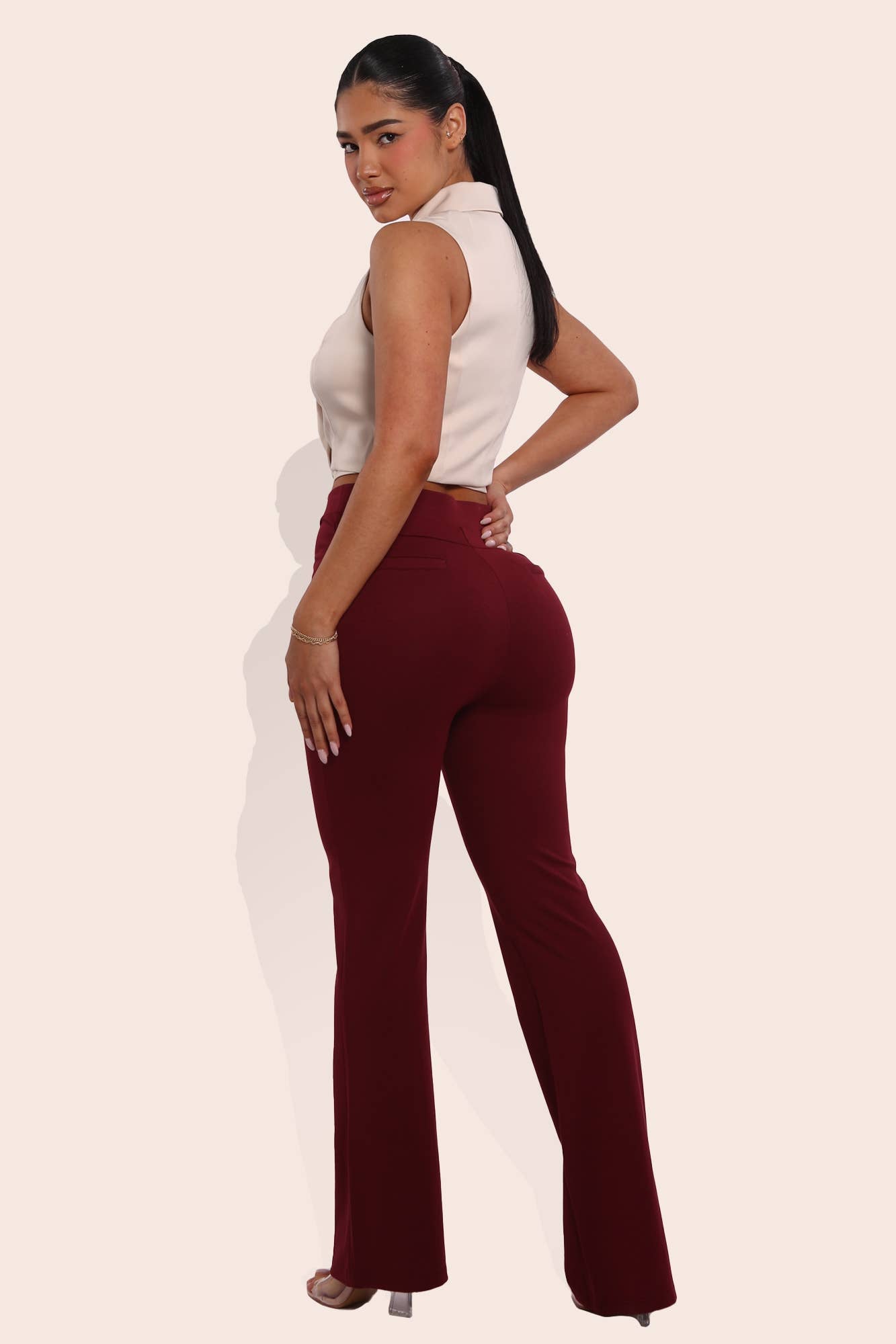 Womens High Waist Front Seam Ponte Flare Pants: Burgundy