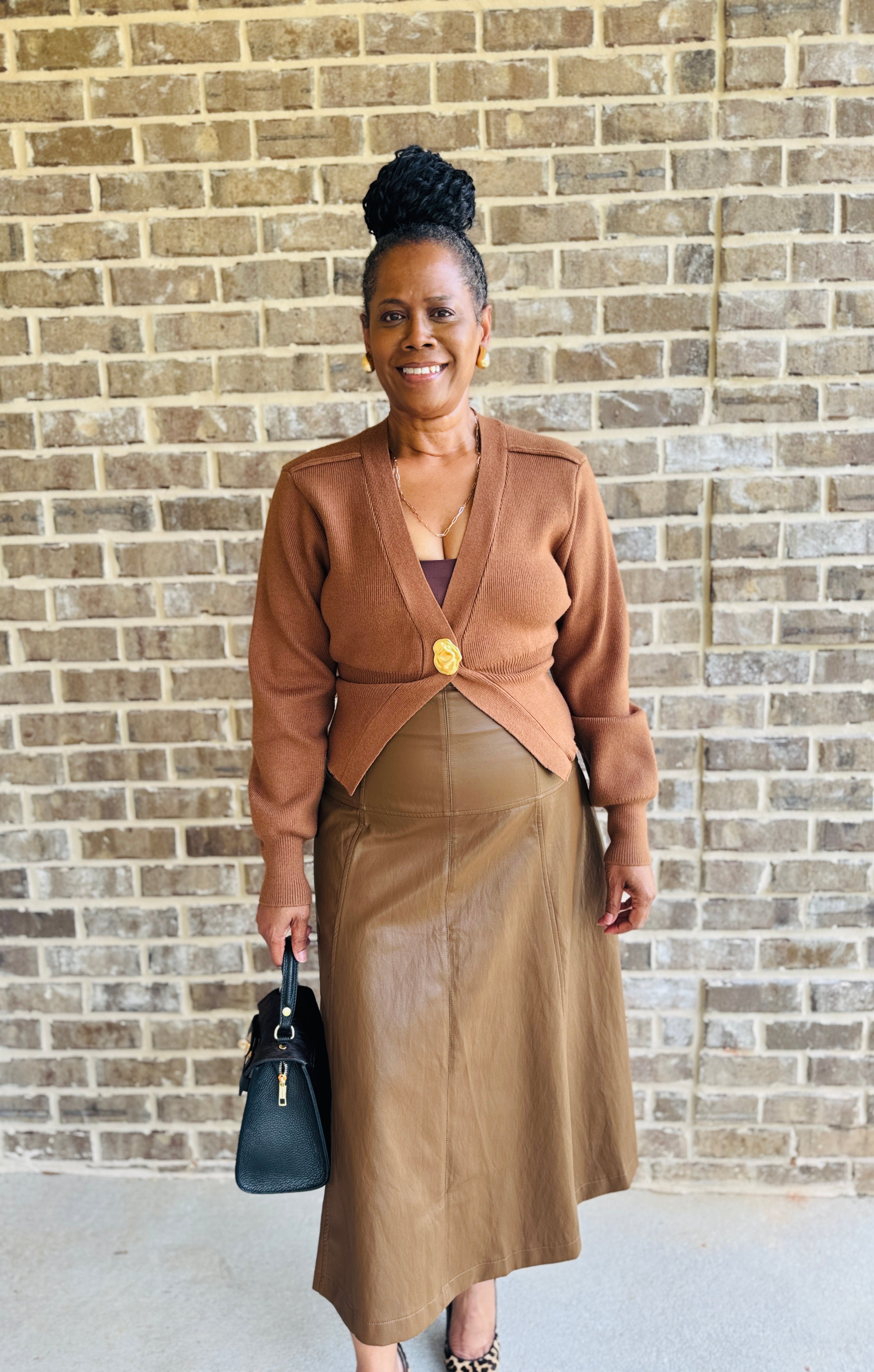 Brown Faux Leather A-Line Midi Skirt