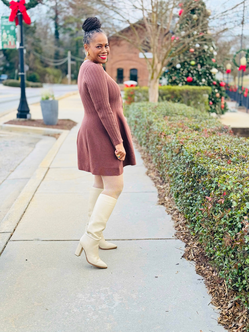 Fit & Flare Button-Up Ribbed Knit Dress: Brown