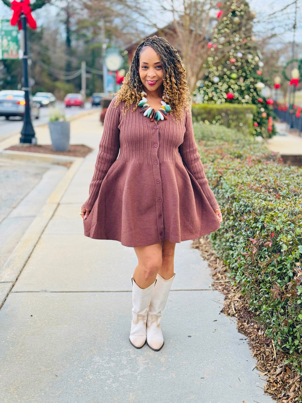 Fit & Flare Button-Up Ribbed Knit Dress: Brown