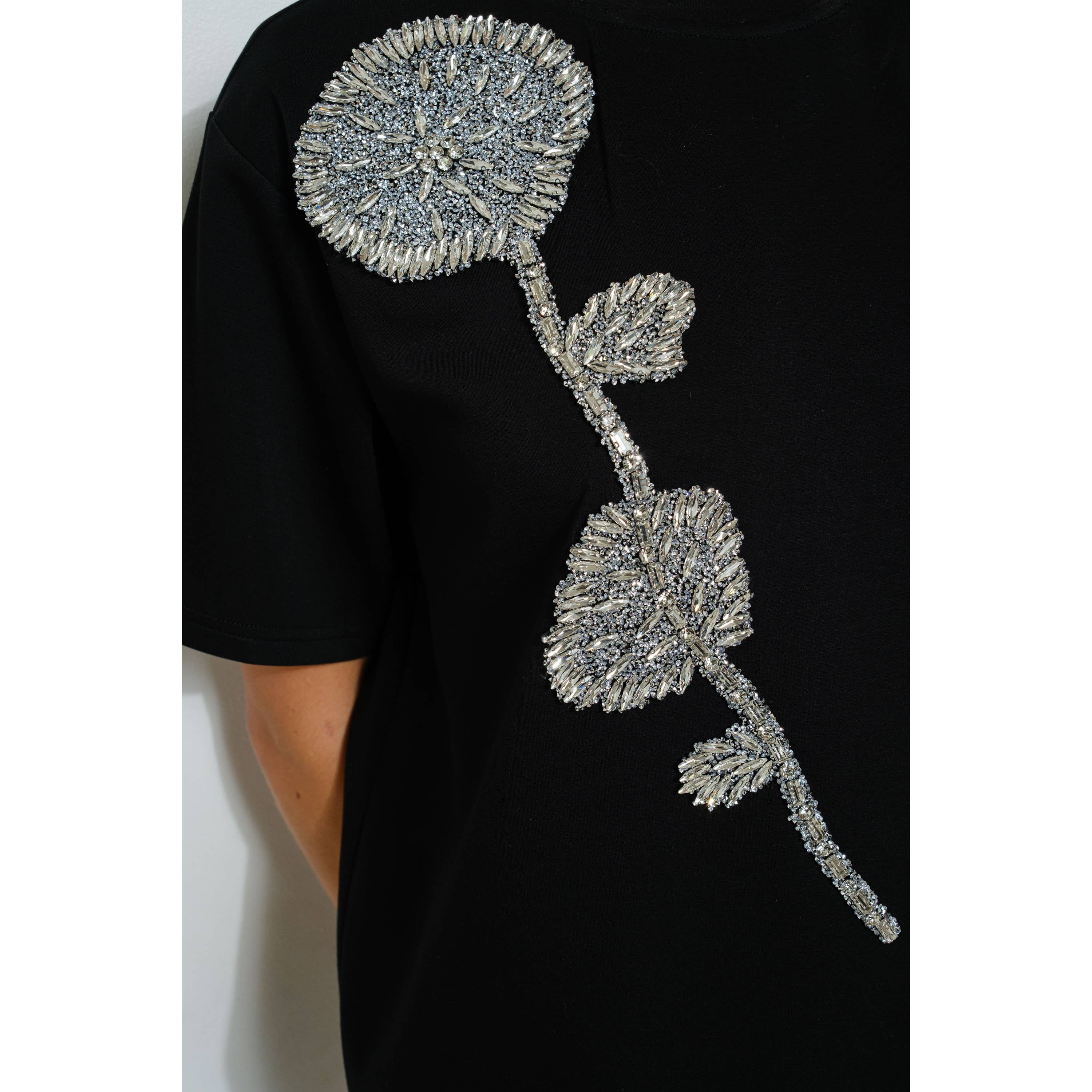 Black Rhinestone Beaded Flower Embellished T-Shirt Dress
