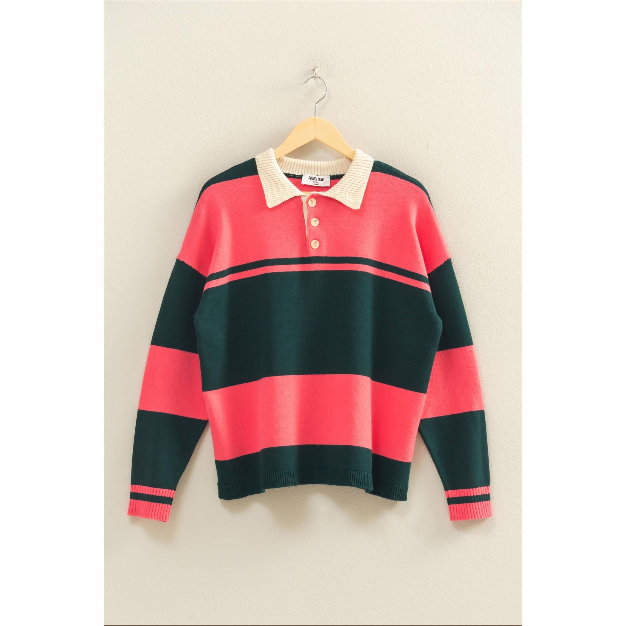 Contrasting Striped Sweater With Polo Collar: DEEP GREEN/TAFFY PINK