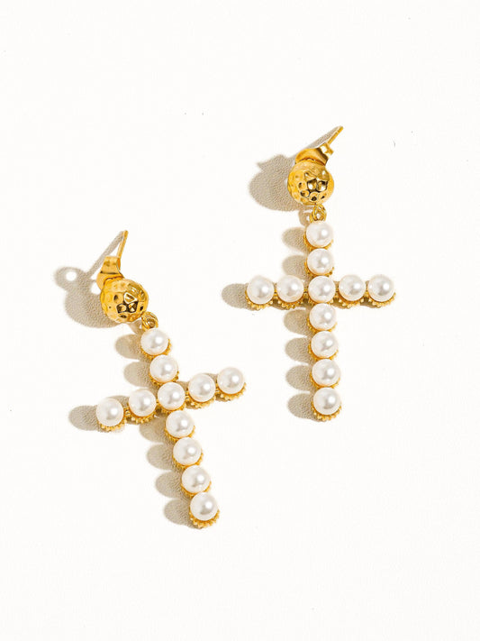 Lisette  Pearl Cross Earring: Yellow Gold