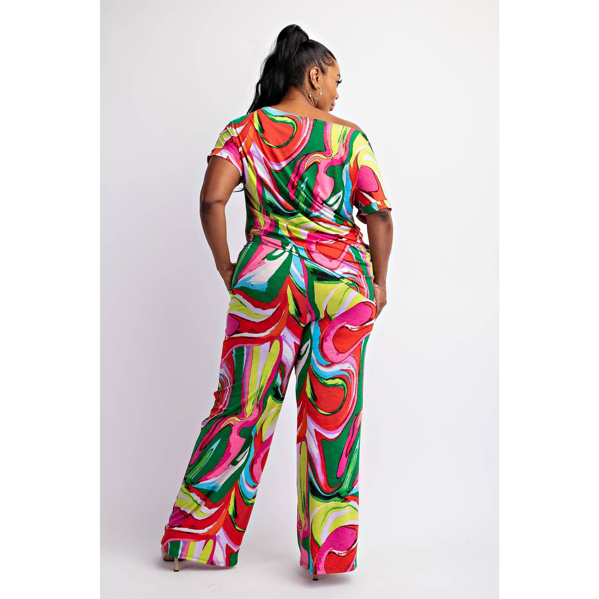 PLUS SIZE SHORT SLEEVE TOP AND WIDE LEG PANTS SEt