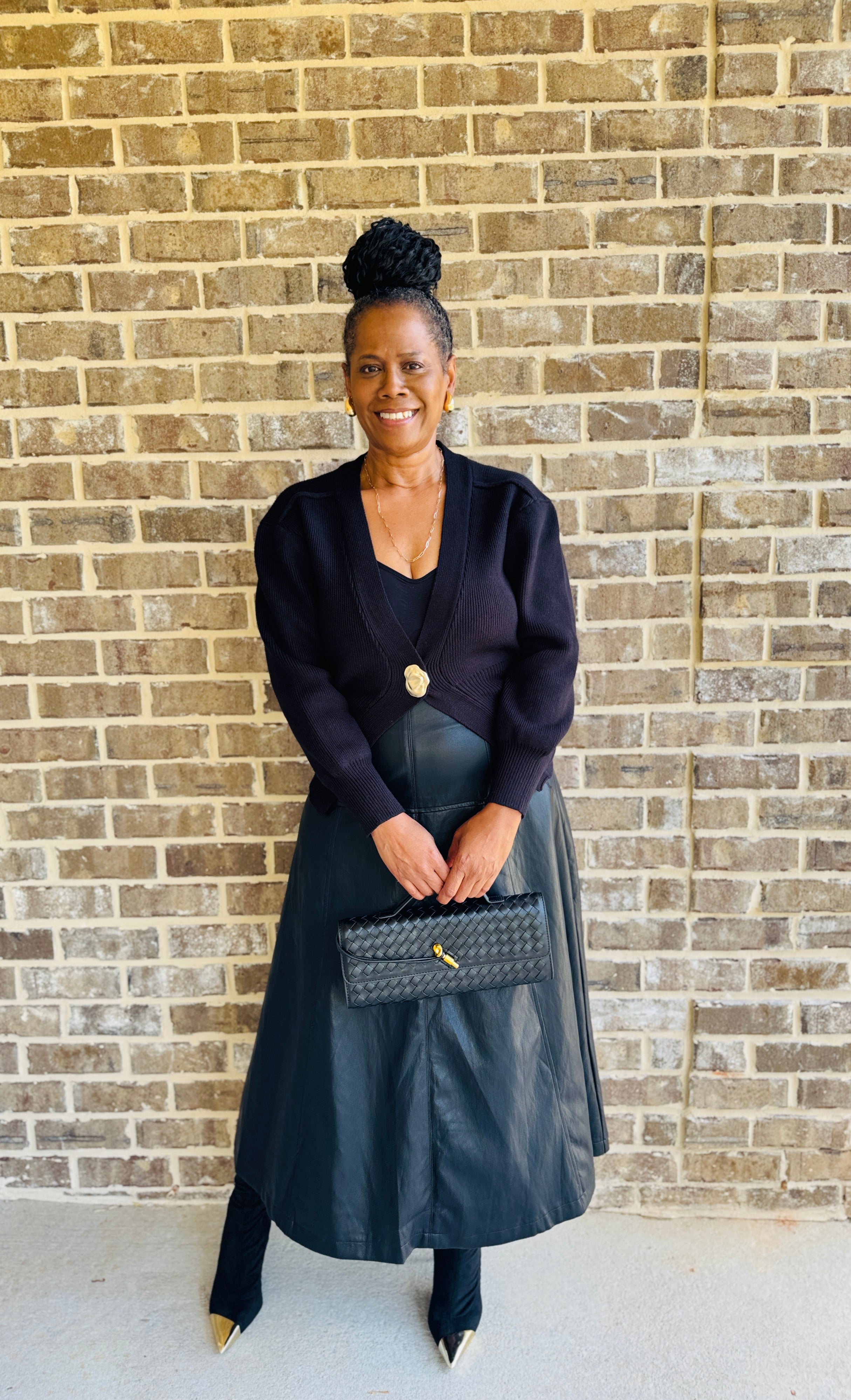 Black Faux Leather A-Line Midi Skirt