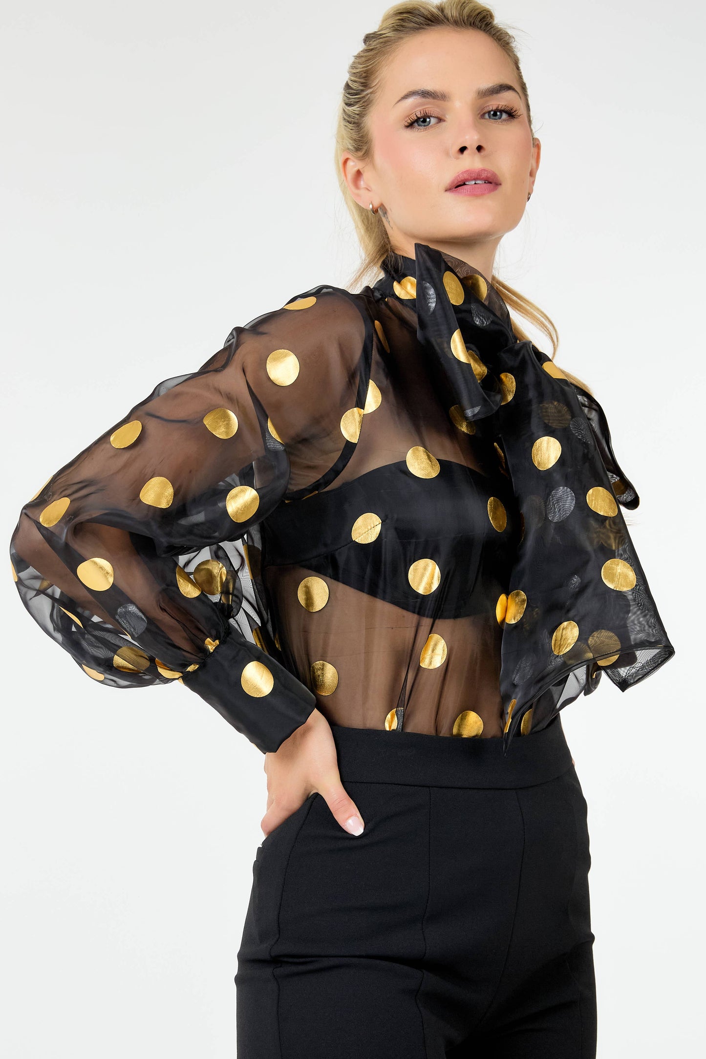 Golden Glimmer Polka Dot Sheer Blouse with Bow Tie