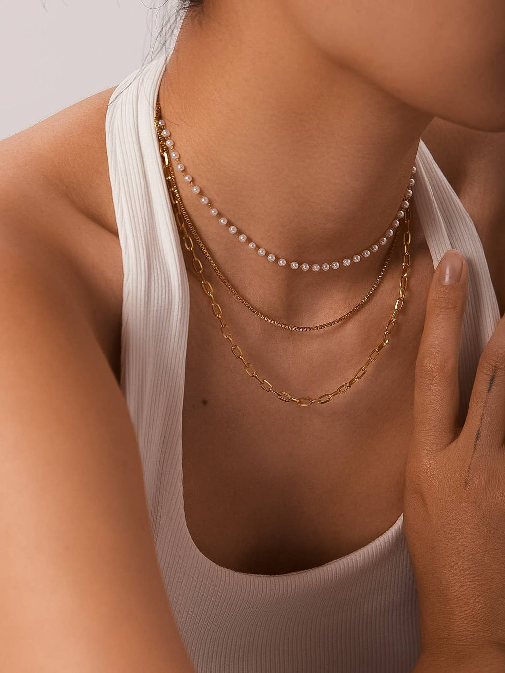 Cadeaux  Stacked Pearl Chain Necklace: Yellow Gold