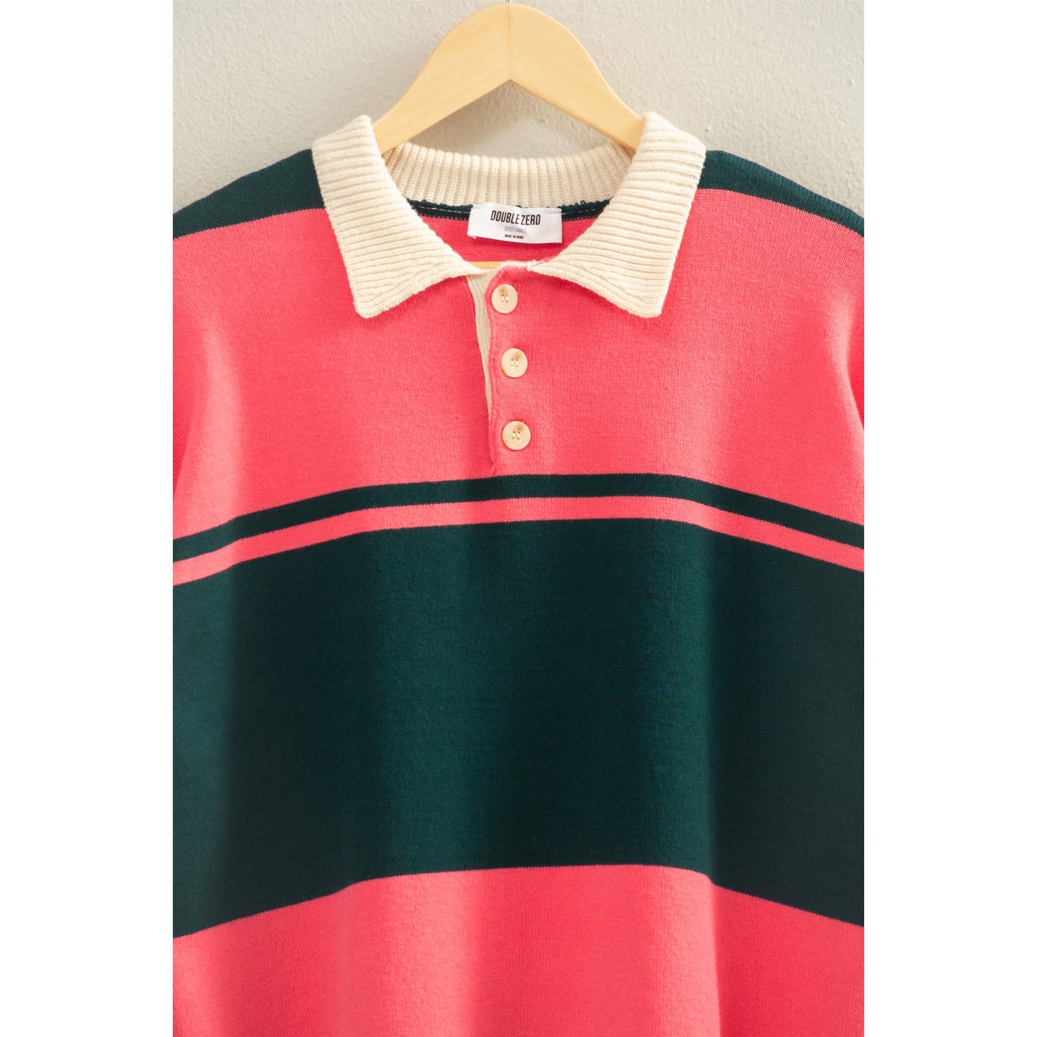 Contrasting Striped Sweater With Polo Collar: DEEP GREEN/TAFFY PINK