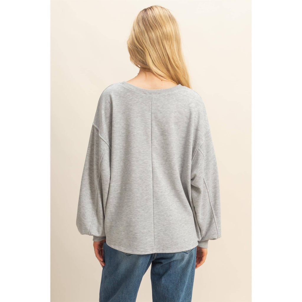 Round Neck Casual Long Sleeve Knit Top: H.GRAY