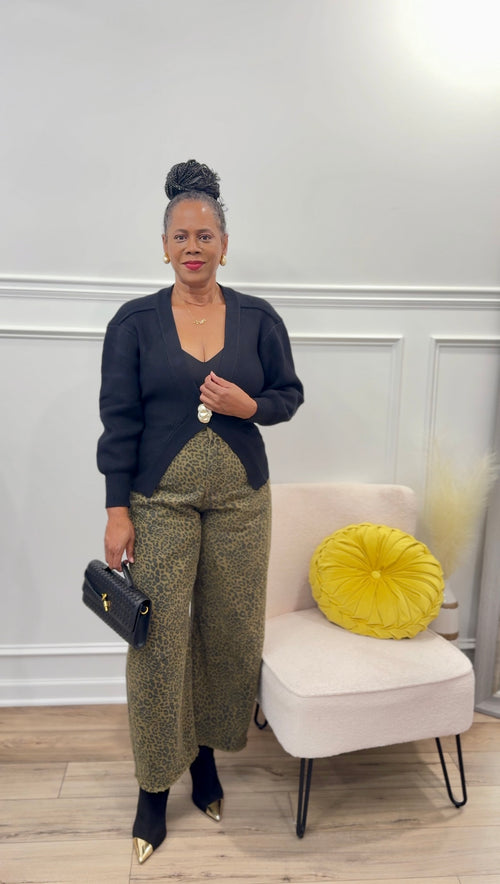 The Luxe Button Cardigan & Cheetah Barrel Jean