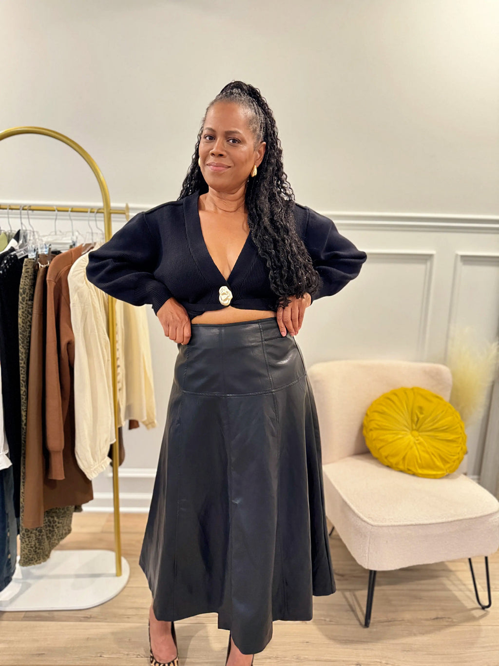 Faux Leather A-Line Midi Skirt: Black