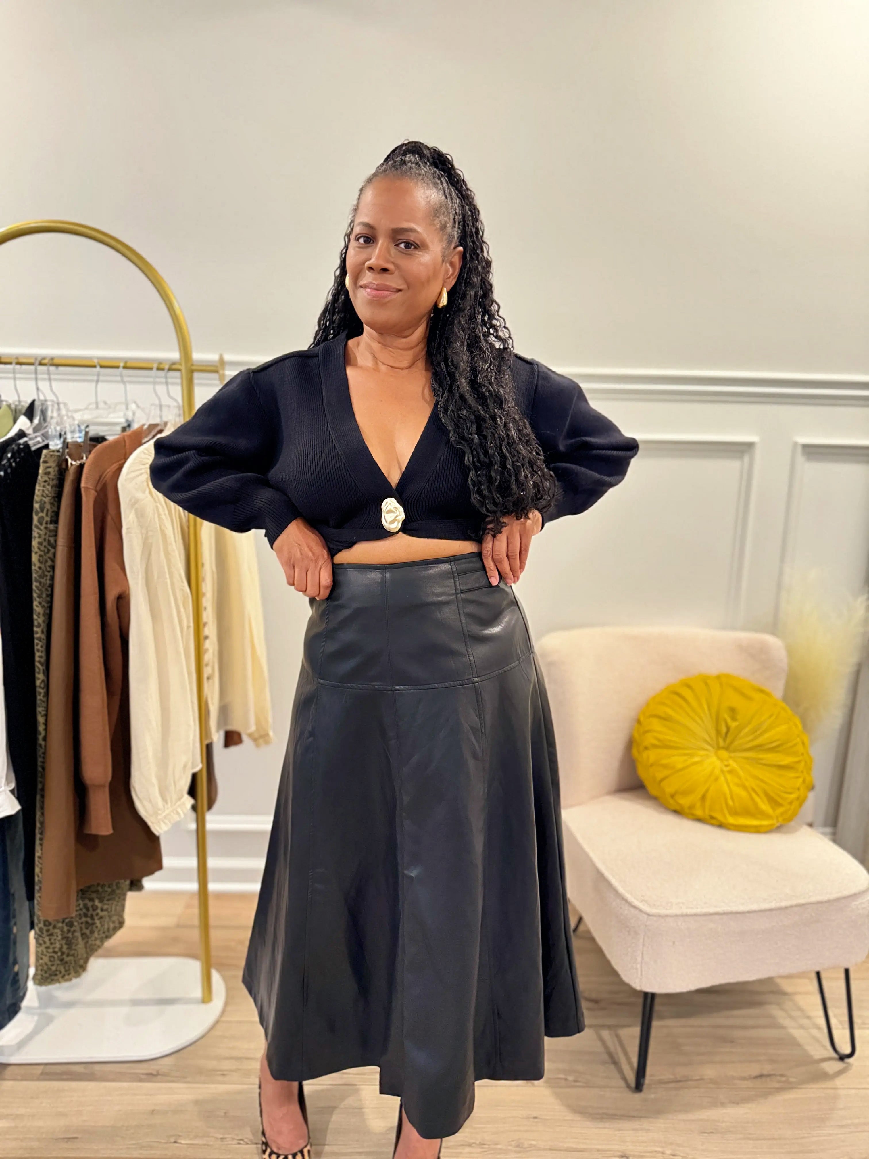 Faux Leather A-Line Midi Skirt: Black