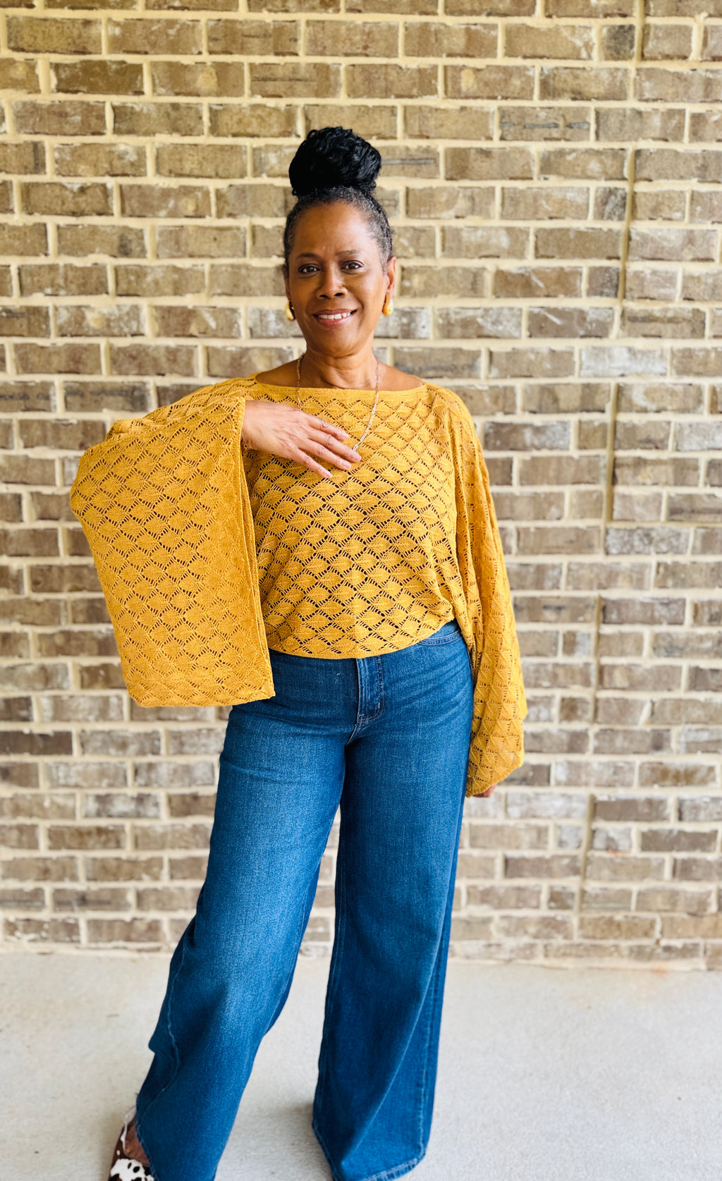 FREE SPIRIT BELL SLEEVE TOP: MUSTARD